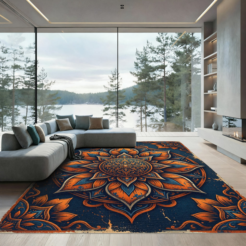 Ornate Amber Blue Lotus Medallion Rug