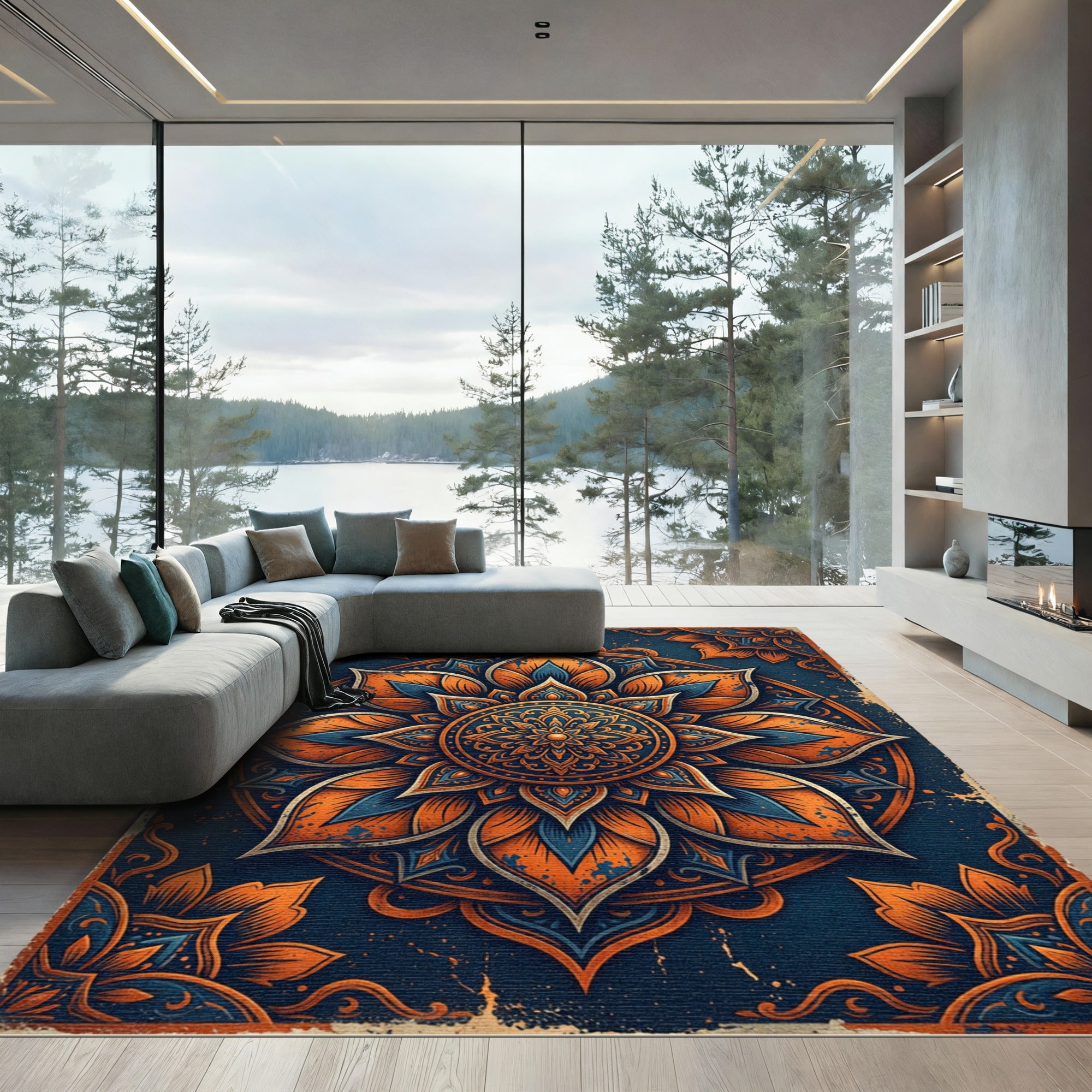 Ornate Amber Blue Lotus Medallion Rug