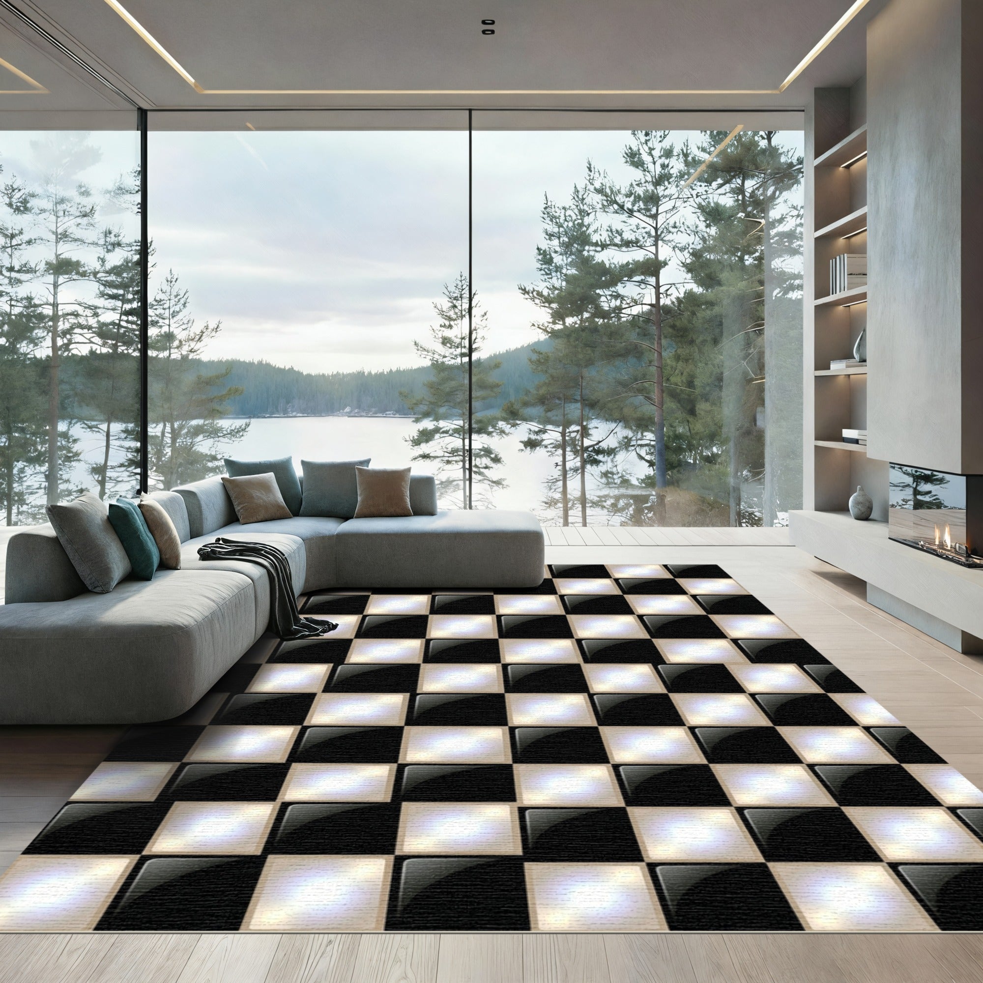 Luminous Black and White Geometric Checkered Rug
