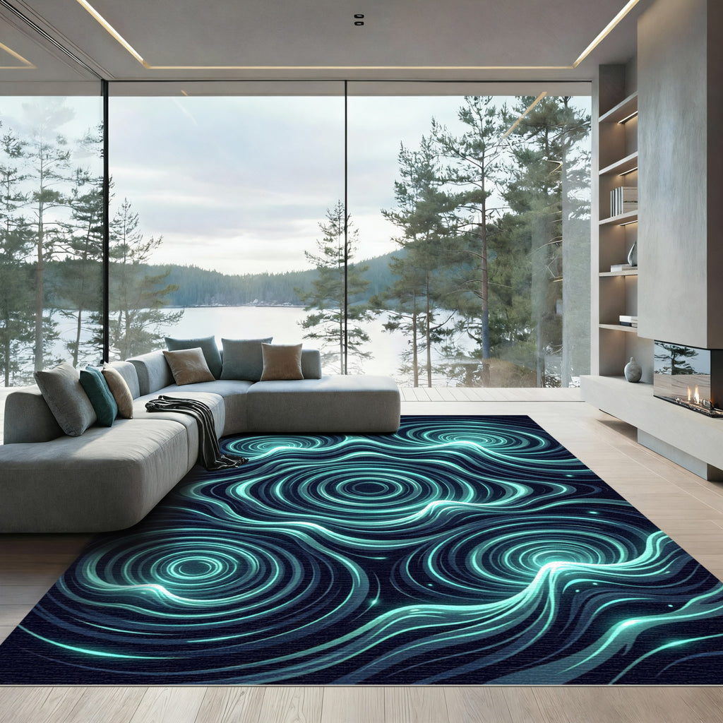 Luminous Cyan Abstract Cosmic Swirl Rug