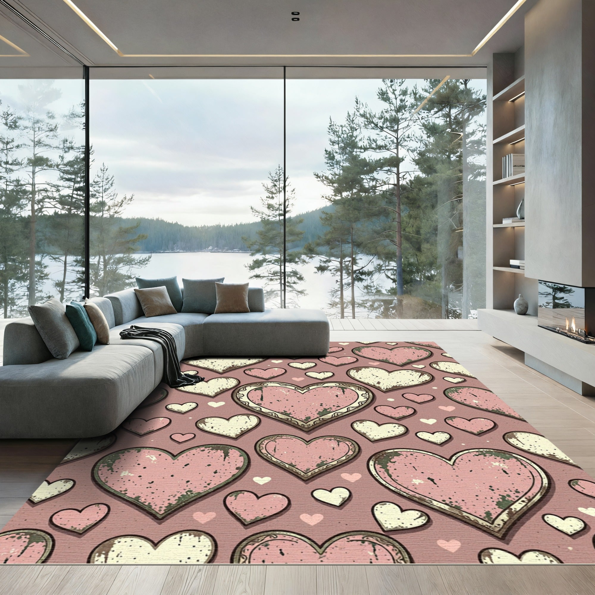Vintage Pink Distressed Heart Medallion Rug