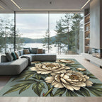 Sage Green Peony Botanical Illustration Rug