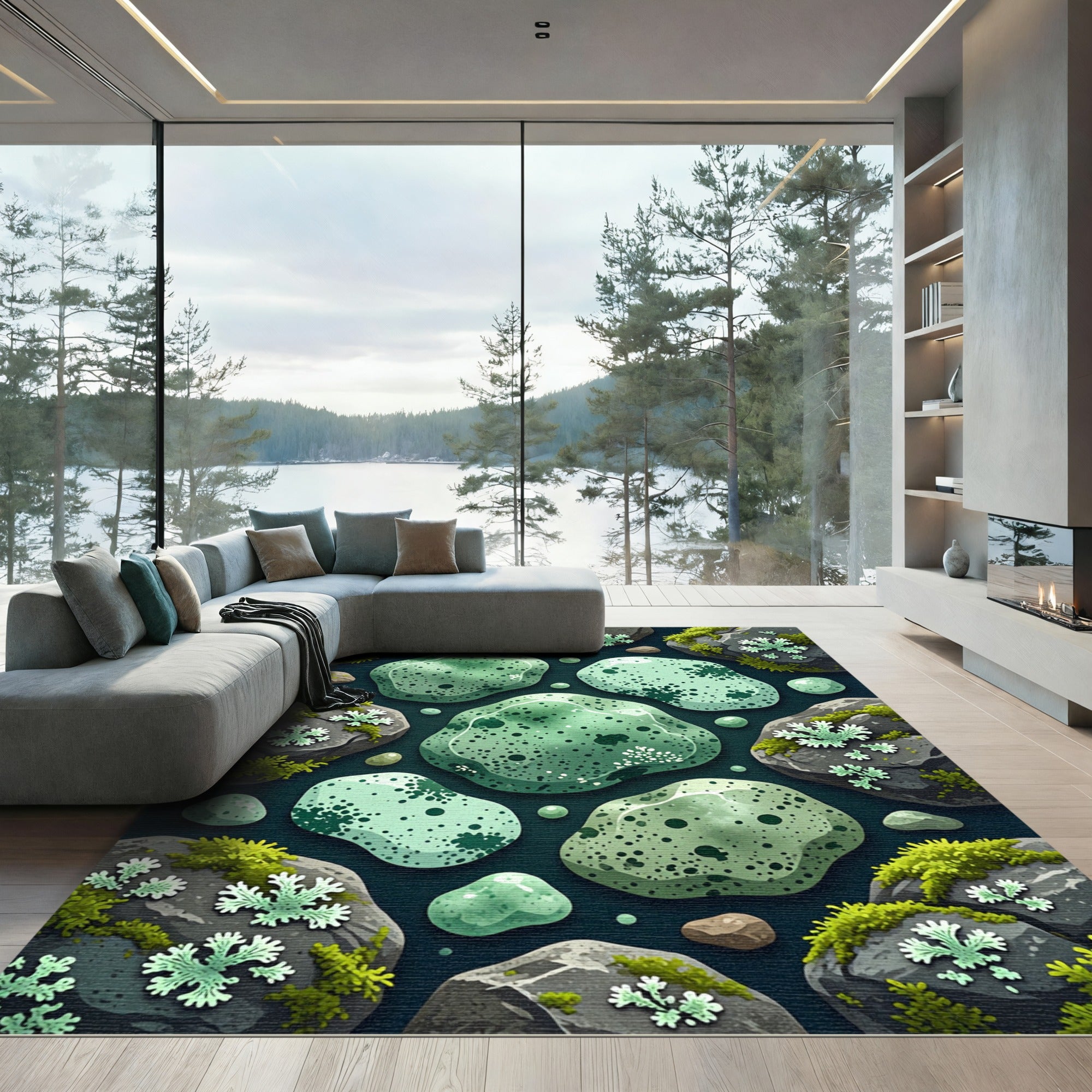 Green Mossy Rocks Organic Composition Rug