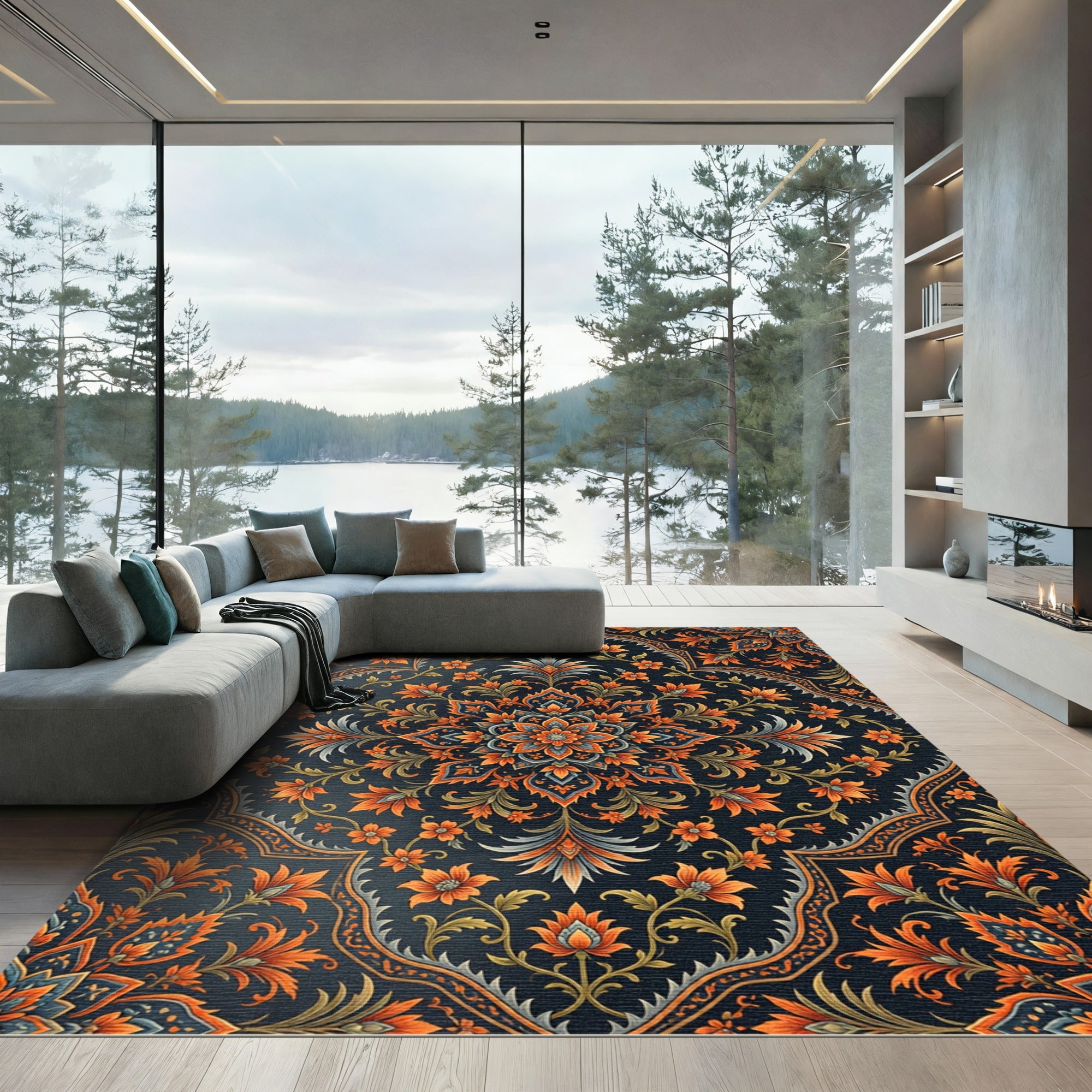 Midnight Navy Orange Floral Mandala Rug