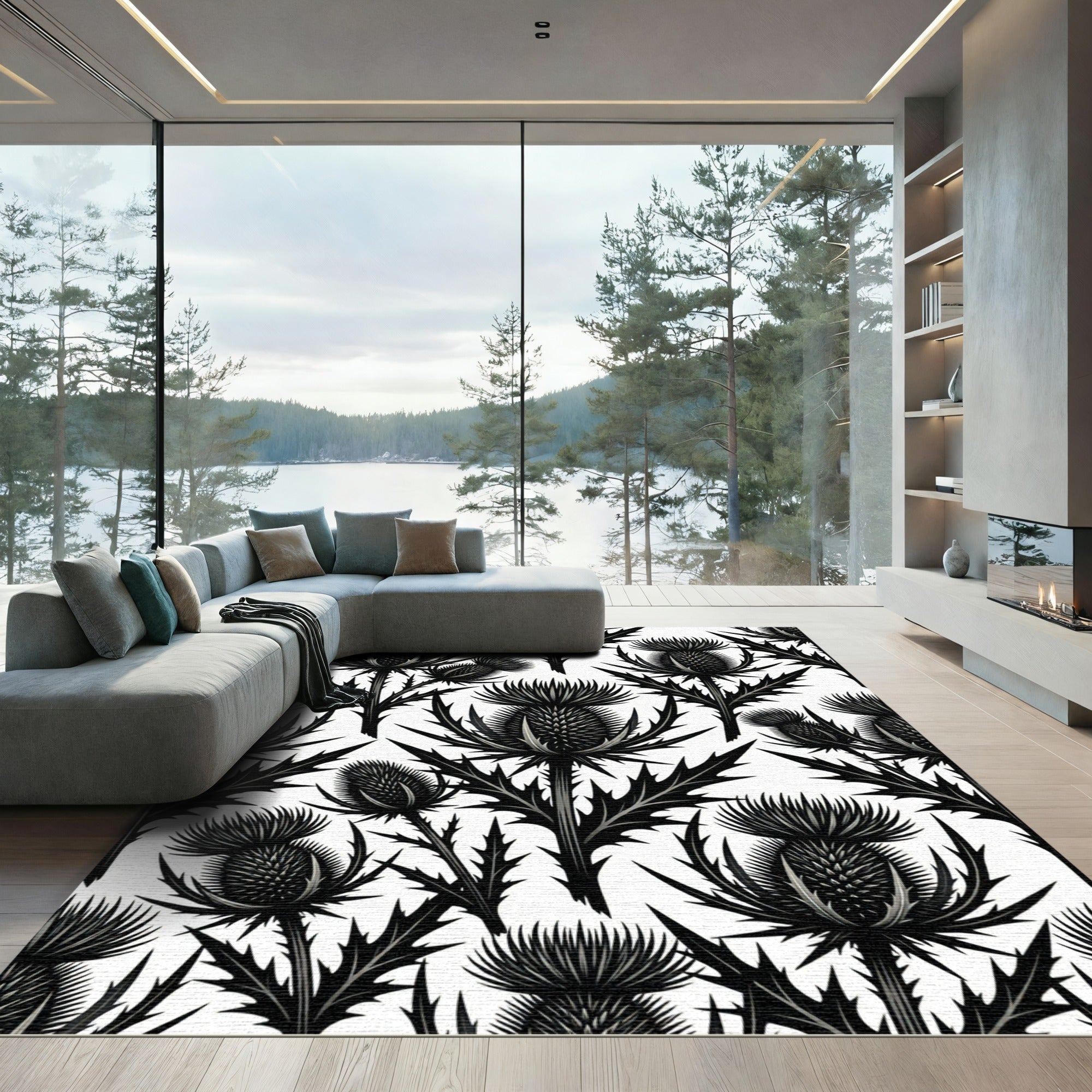 Monochrome Botanical Thistle Black White Rug