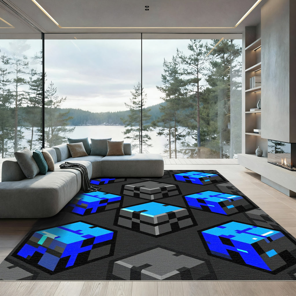 Electric Blue Pixelated Abstract Geometric Cube Rug