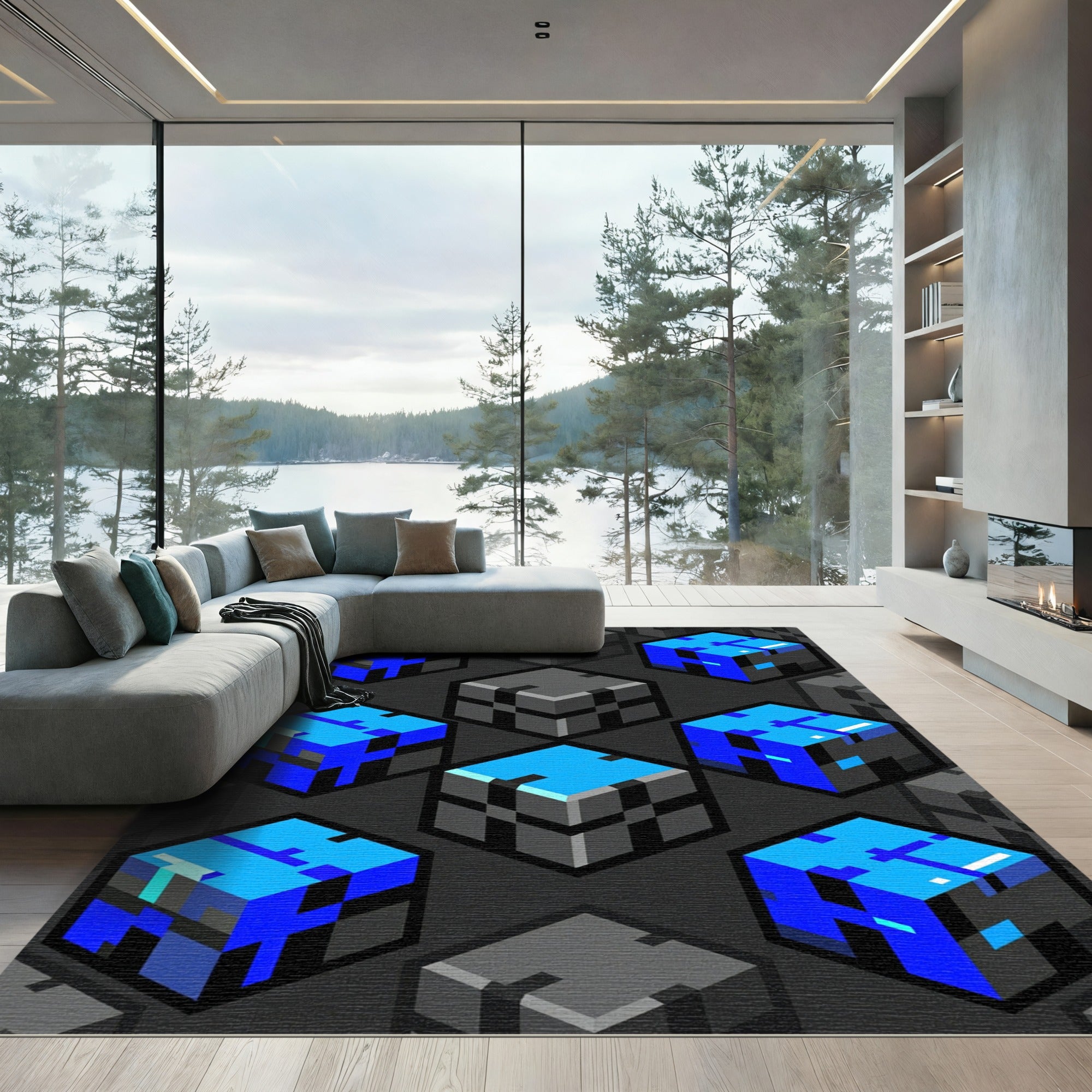 Electric Blue Pixelated Abstract Geometric Cube Rug