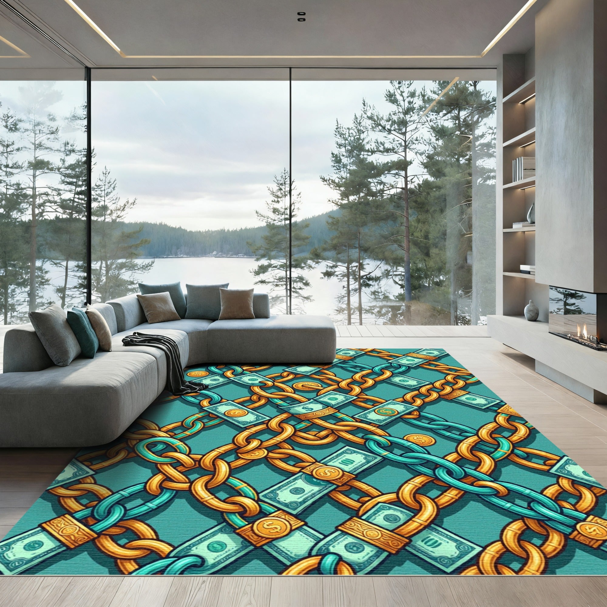 Teal Golden Chain Link Cash Rug