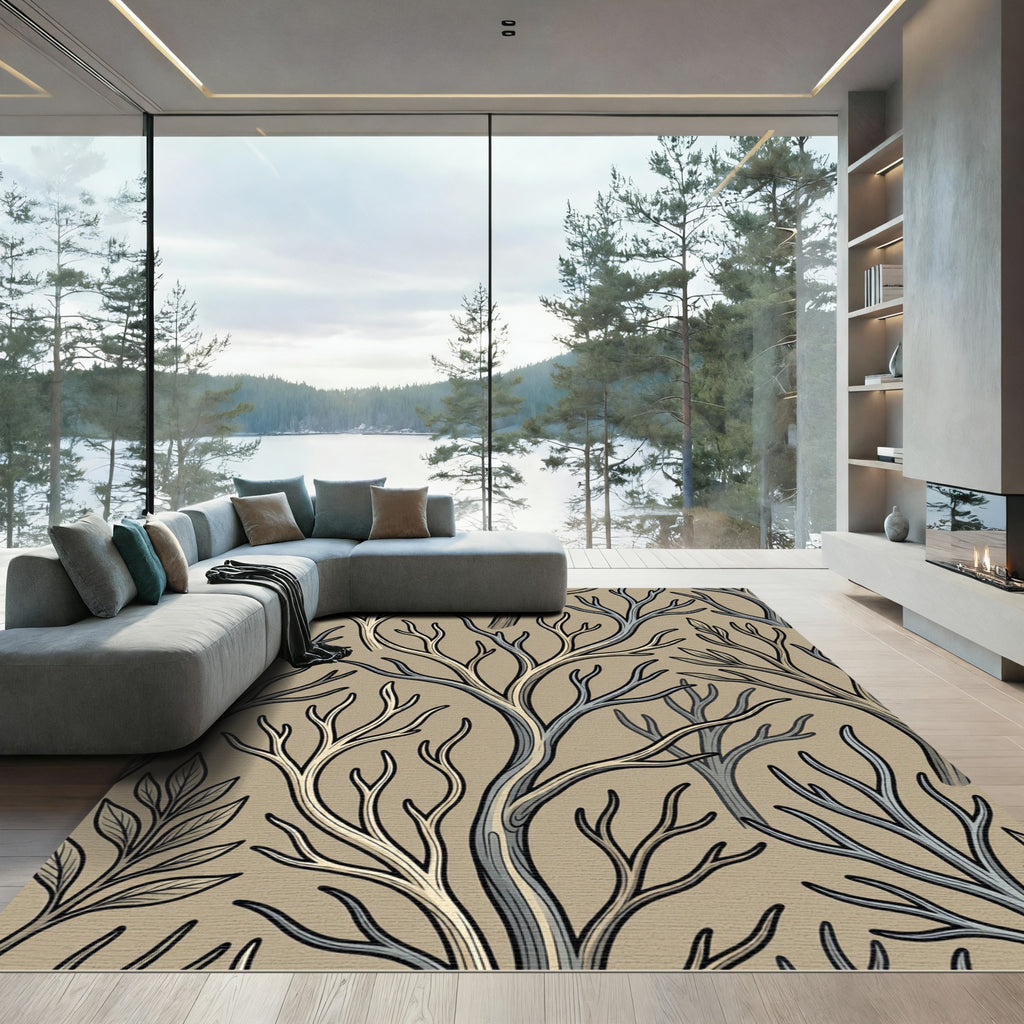 Earthy Tan Bark Branch Arrangement Rug