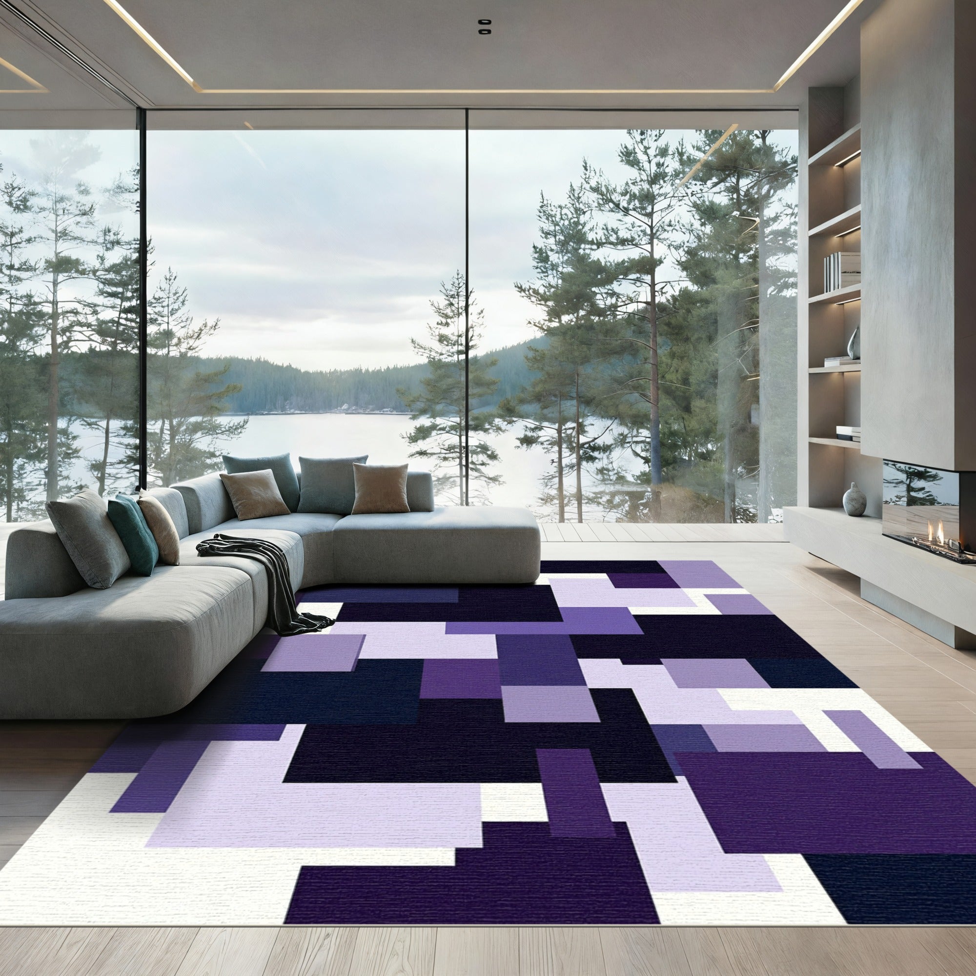 Geometric Purple and White Block Composition Rug