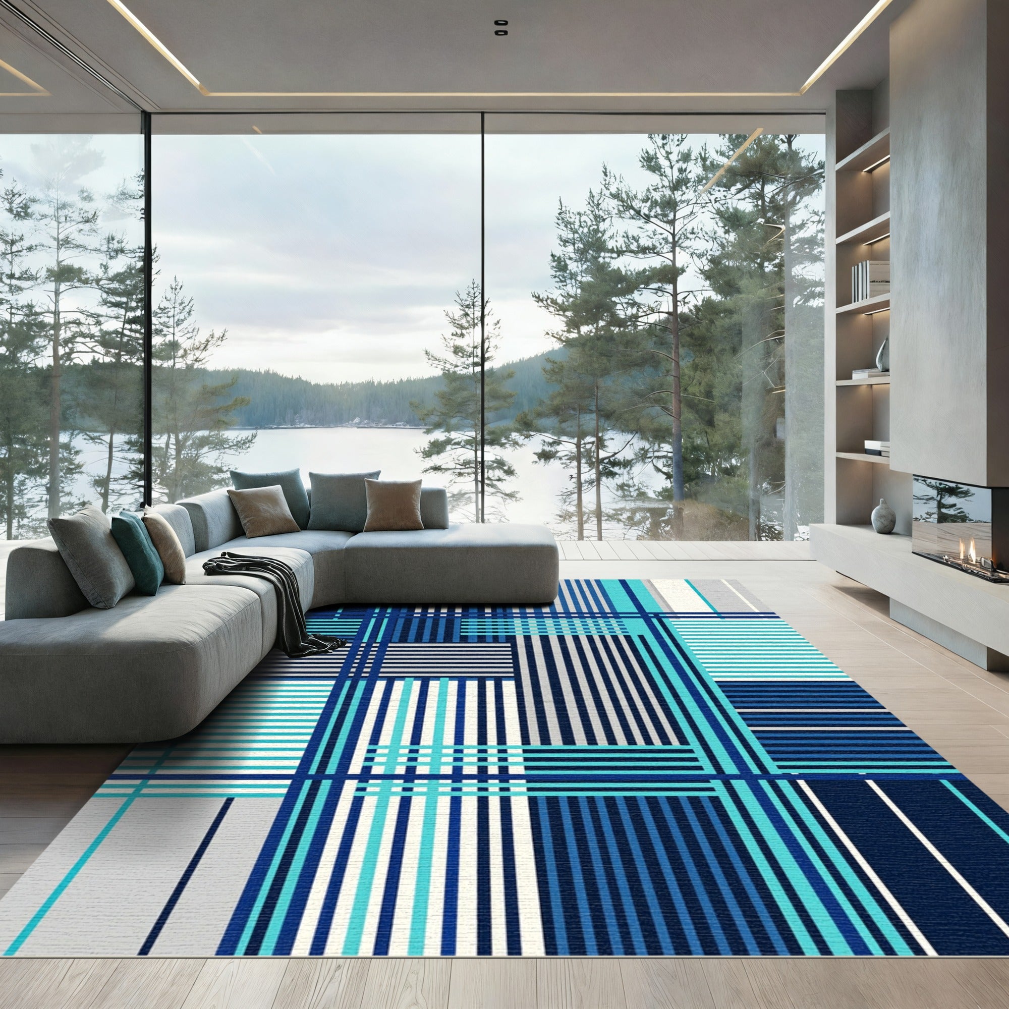 Modern Geometric Blue Striped Grid Rug