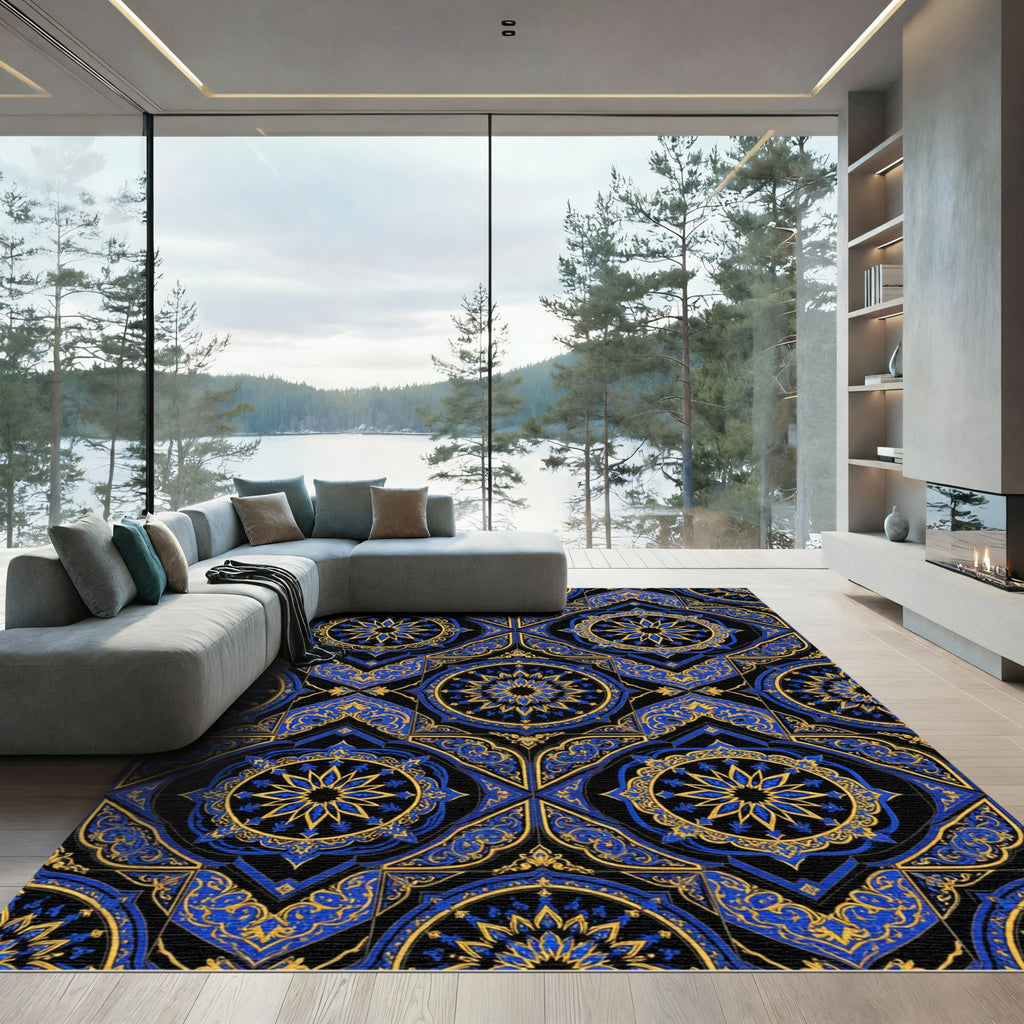 Royal Blue Golden Star Medallion Tile Rug