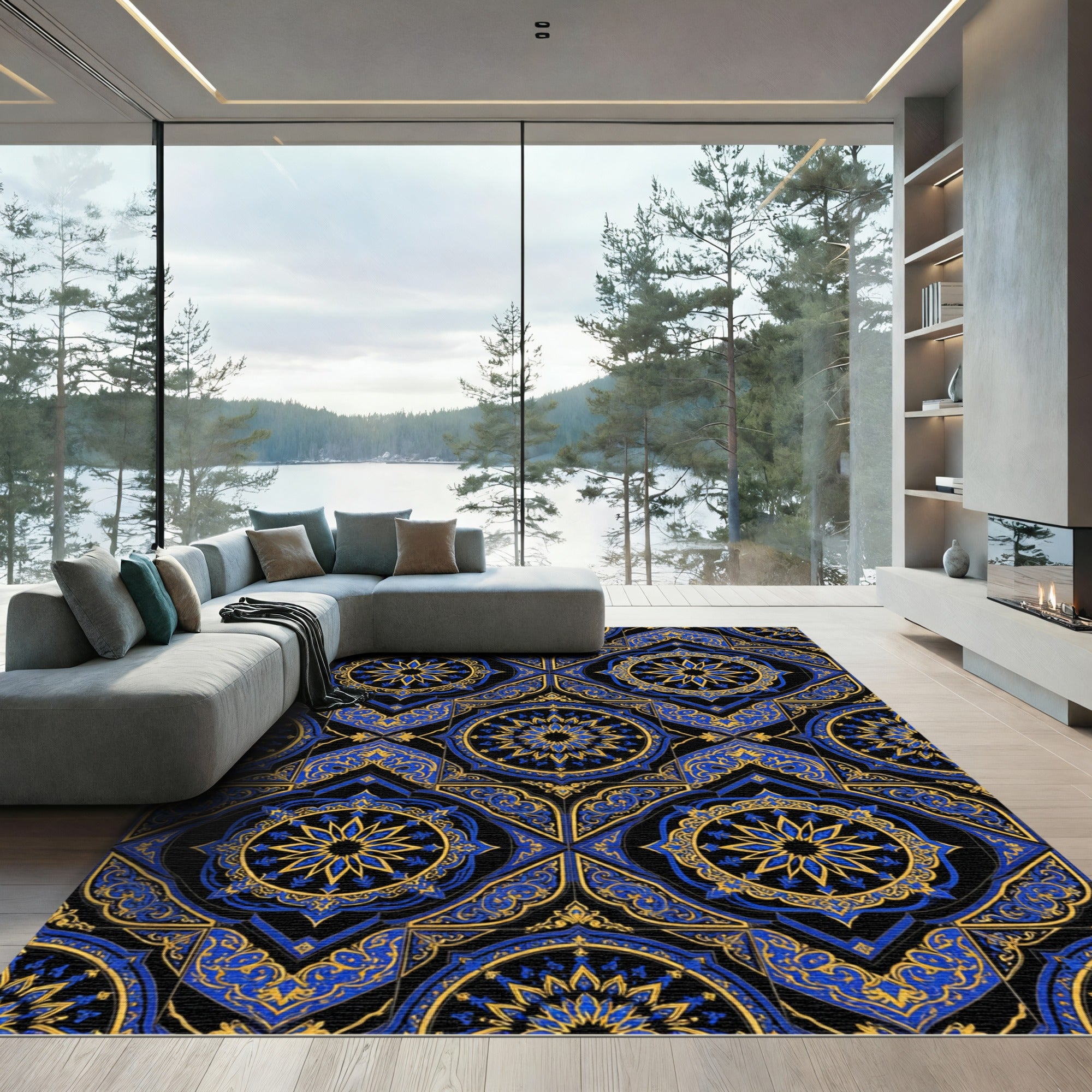 Royal Blue Golden Star Medallion Tile Rug