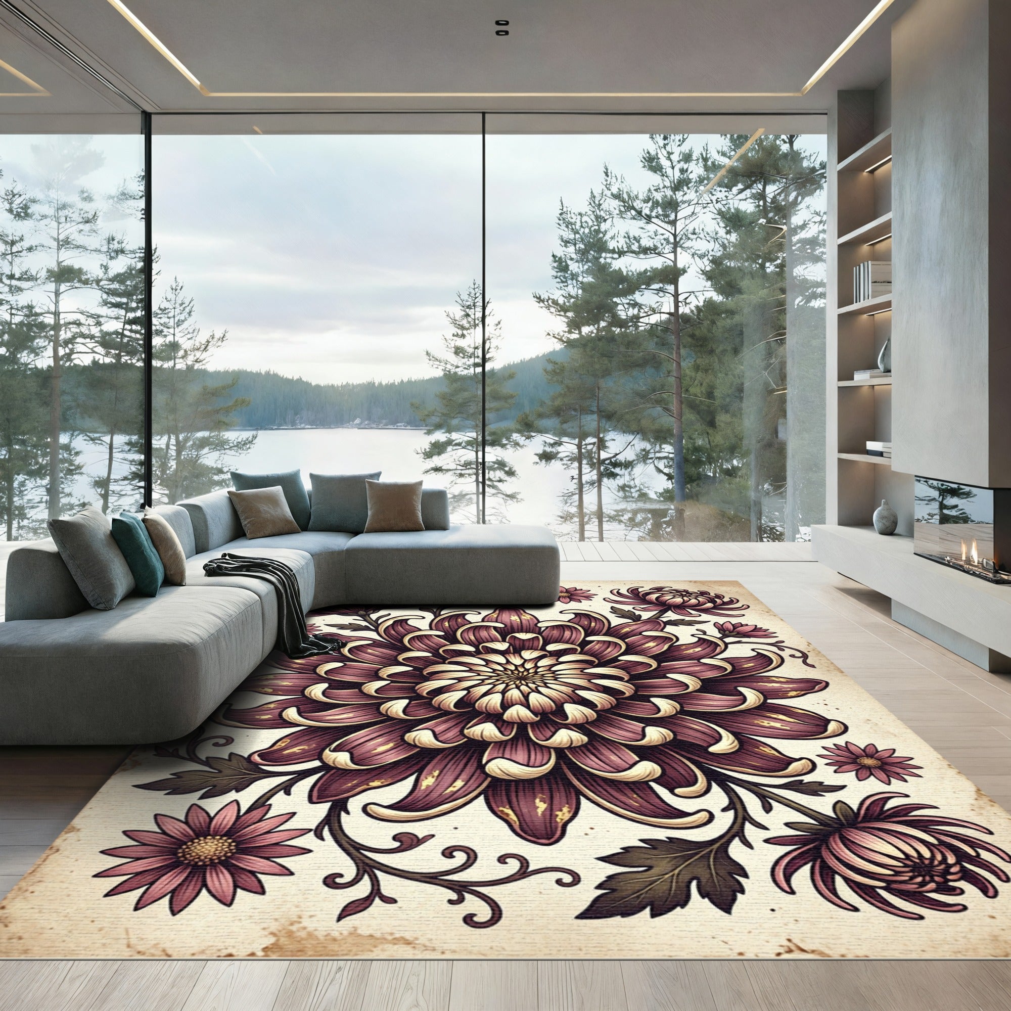 Moody Mauve Chrysanthemum Floral Illustration Rug