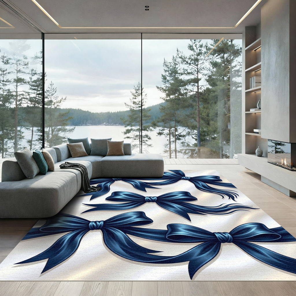 Elegant Navy Blue Silk Ribbon Bows Rug