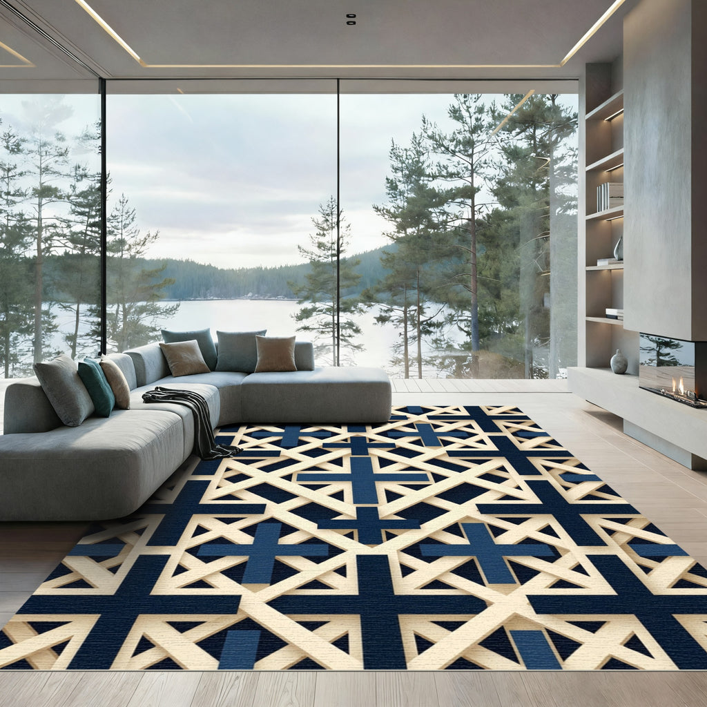 Navy and Cream Geometric Cross Grid Rug