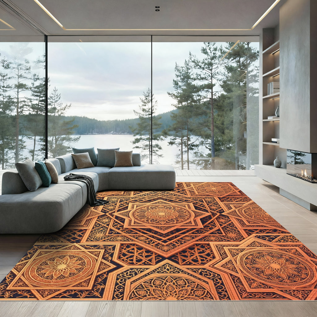 Golden Intricate Star Mandala Rug