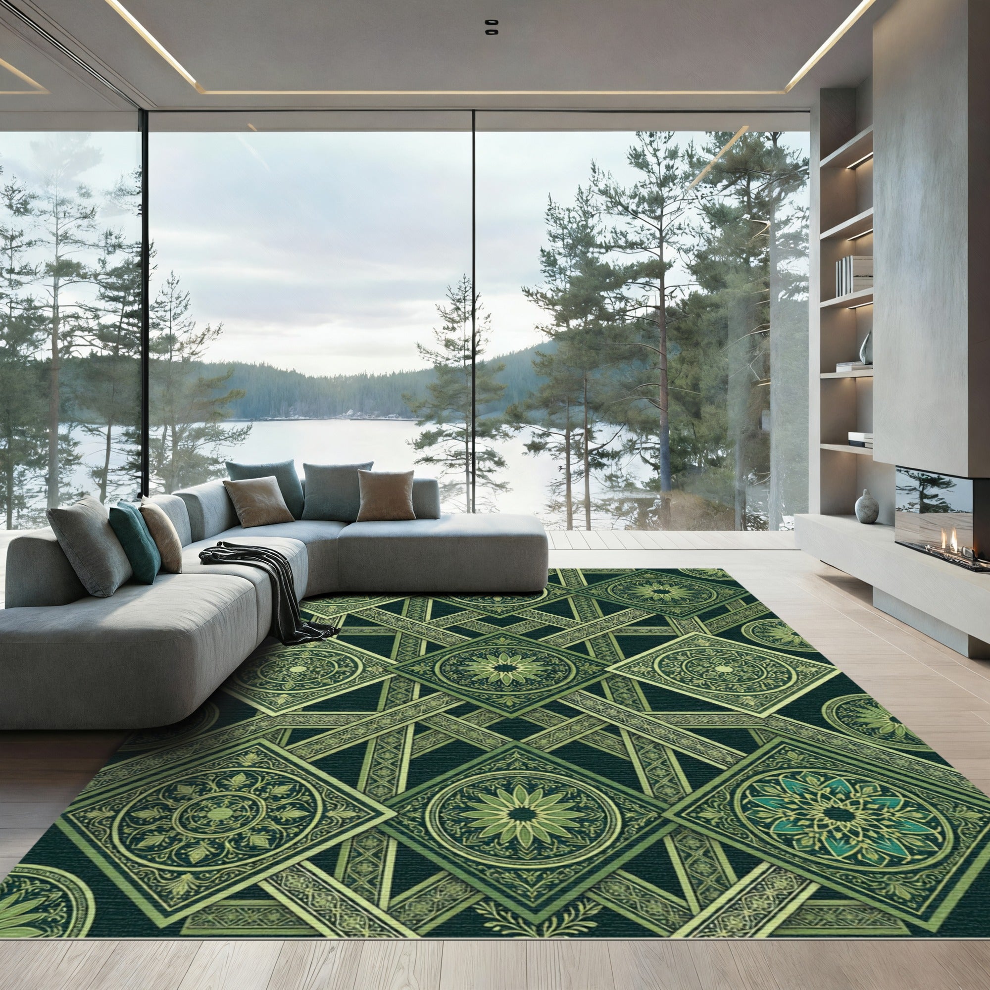 Emerald Geometric Botanical Interlocking Tile Rug