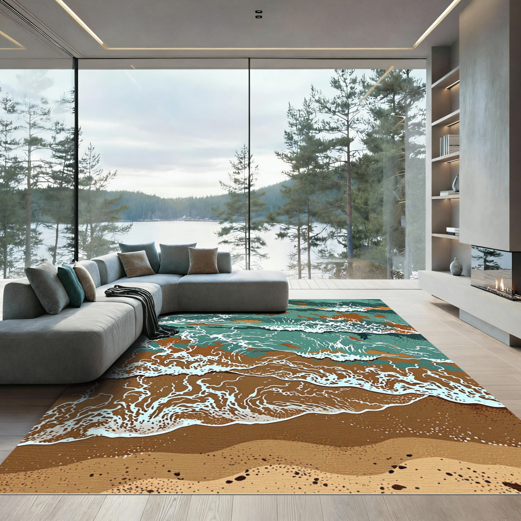 Ocean Waves Teal Brown Abstract Rug