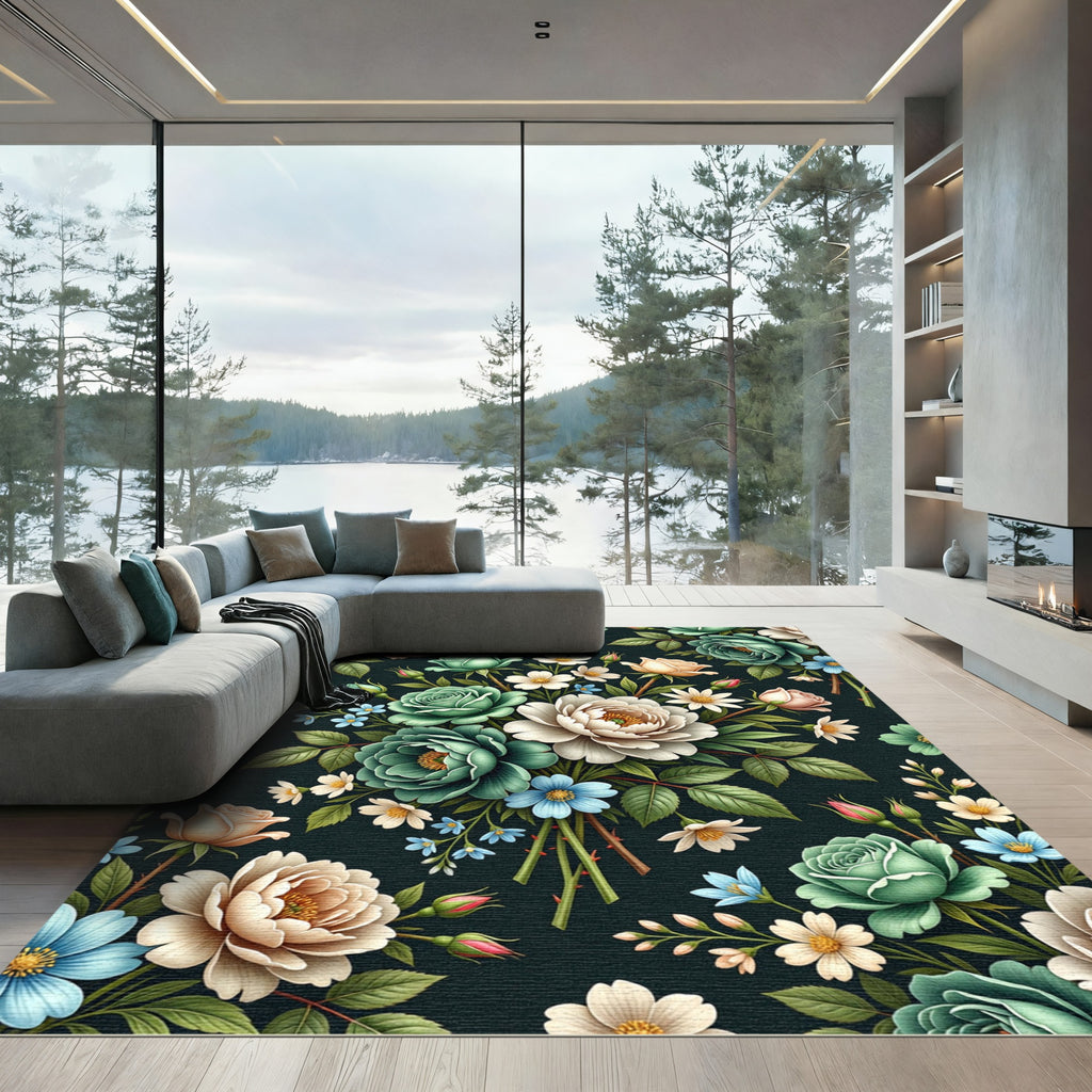 Vintage Botanical Rose Bouquet Arrangement Rug