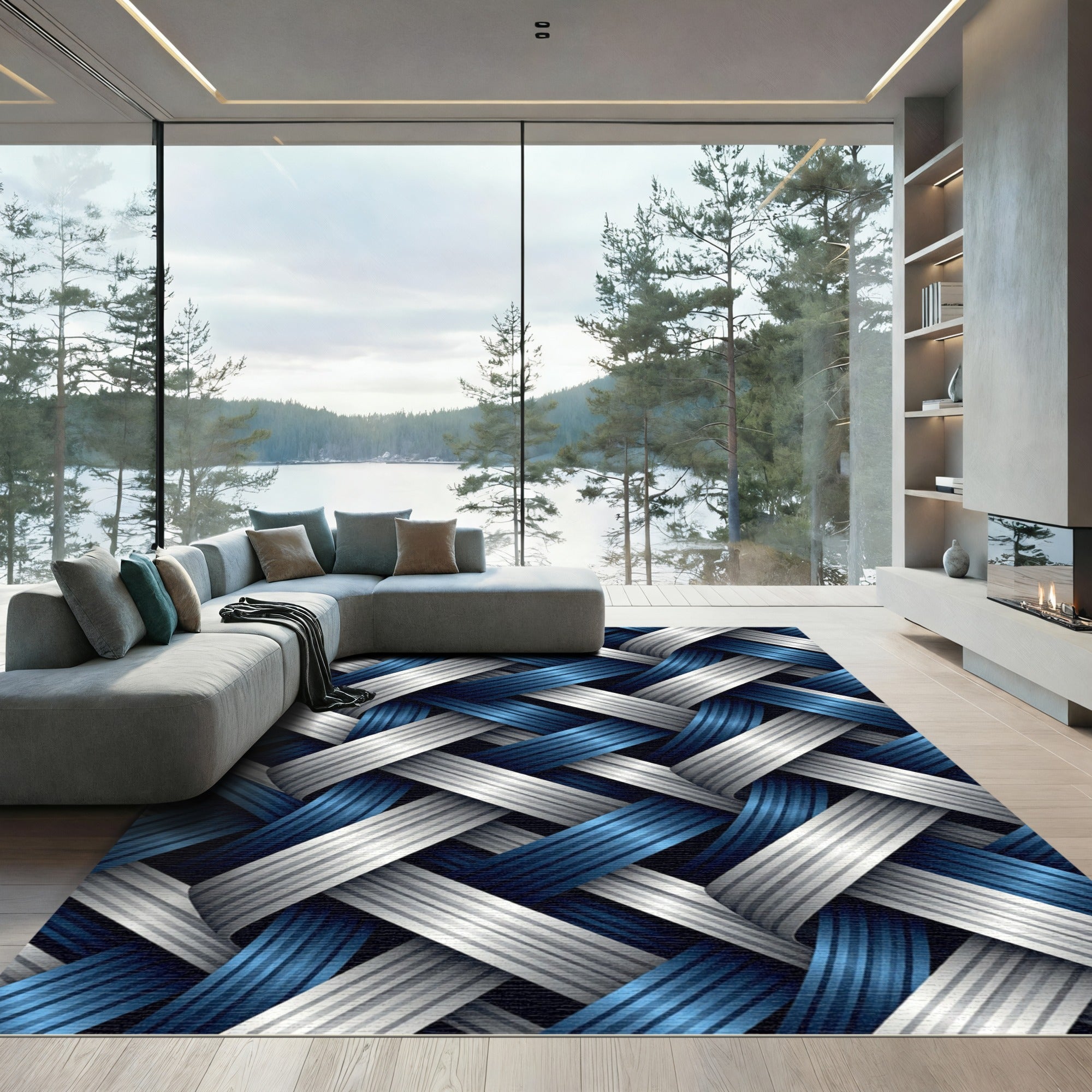 Modern Interwoven Navy and Silver Geometric Rug