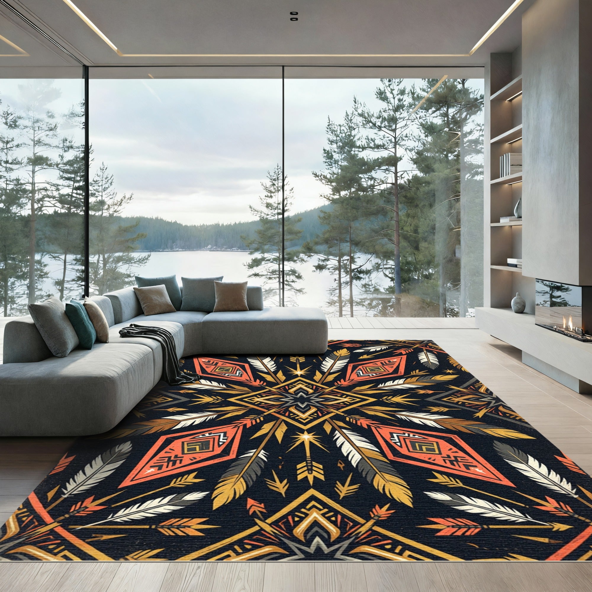 Tribal Orange Gold Feather Arrow Rug