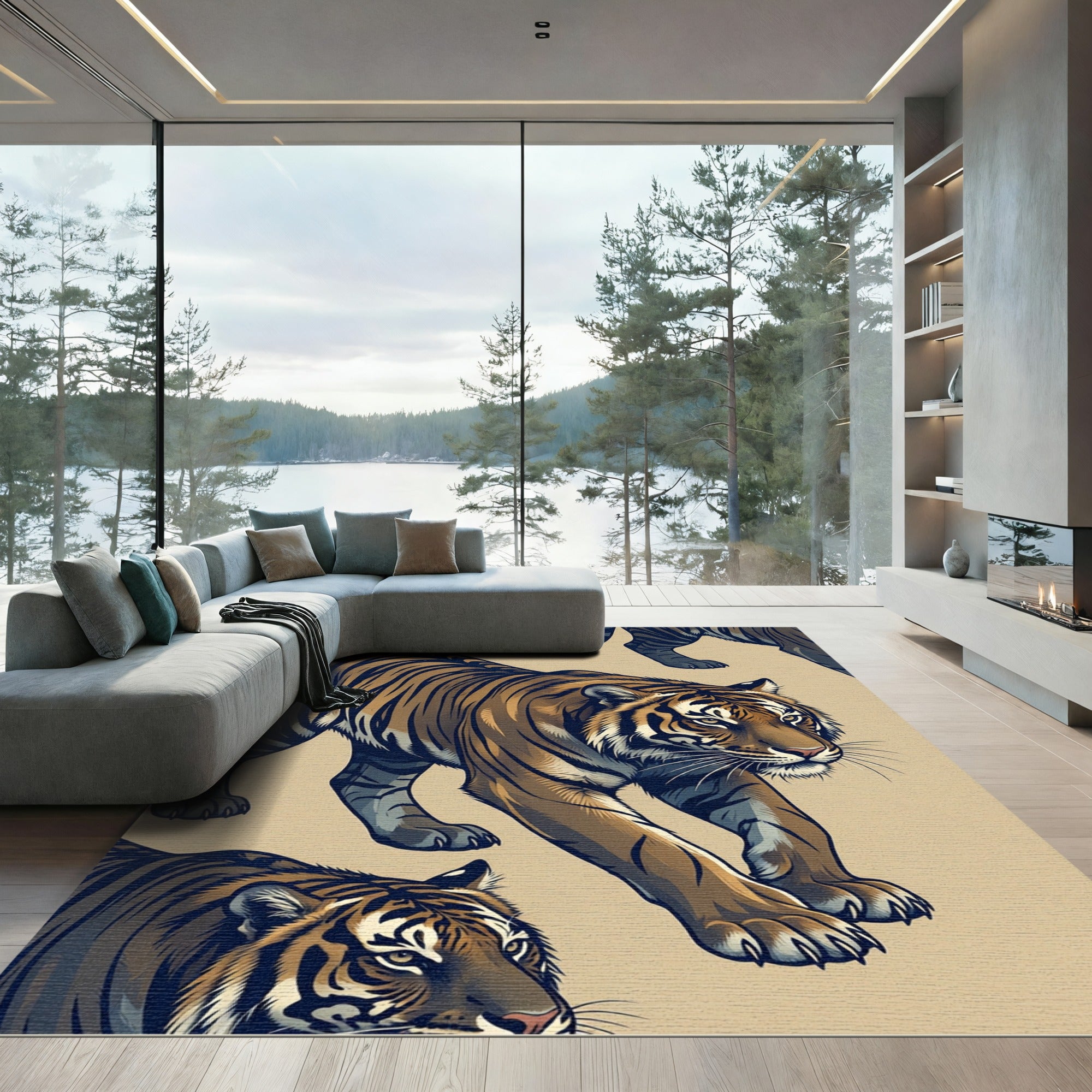 Majestic Golden Tiger Striped Illustration Rug