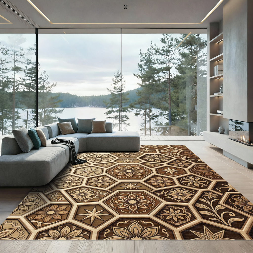Brown Geometric Floral Medallion Hexagon Rug