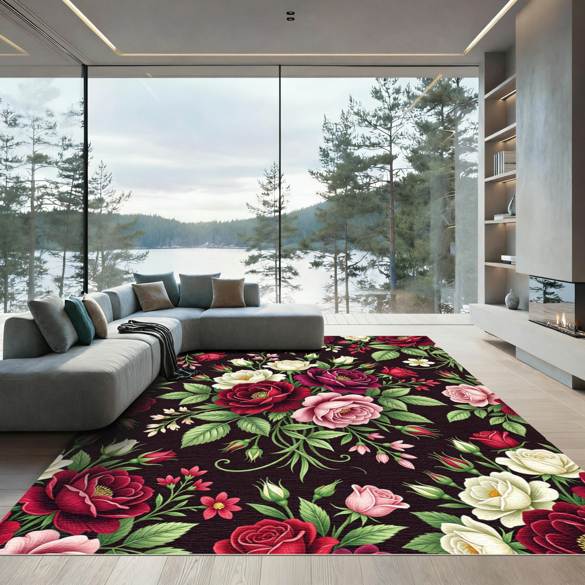 Rich Red Plum Rose Bouquet Rug