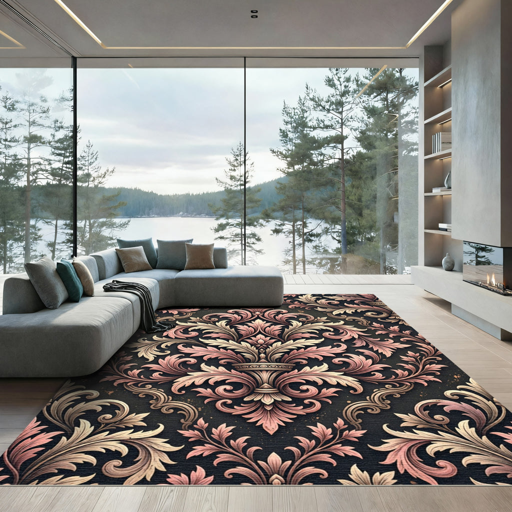 Elegant Mauve Floral Damask Scroll Rug