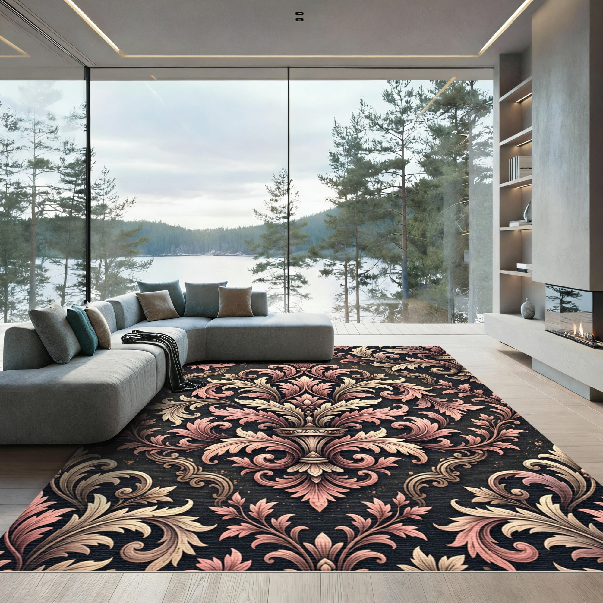 Elegant Mauve Floral Damask Scroll Rug