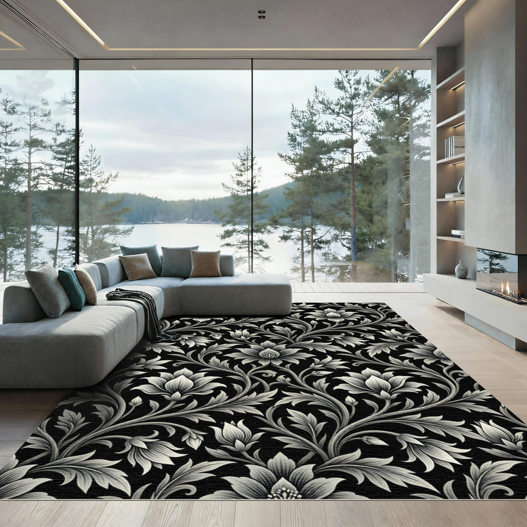 Monochromatic Black Floral Vine Rug