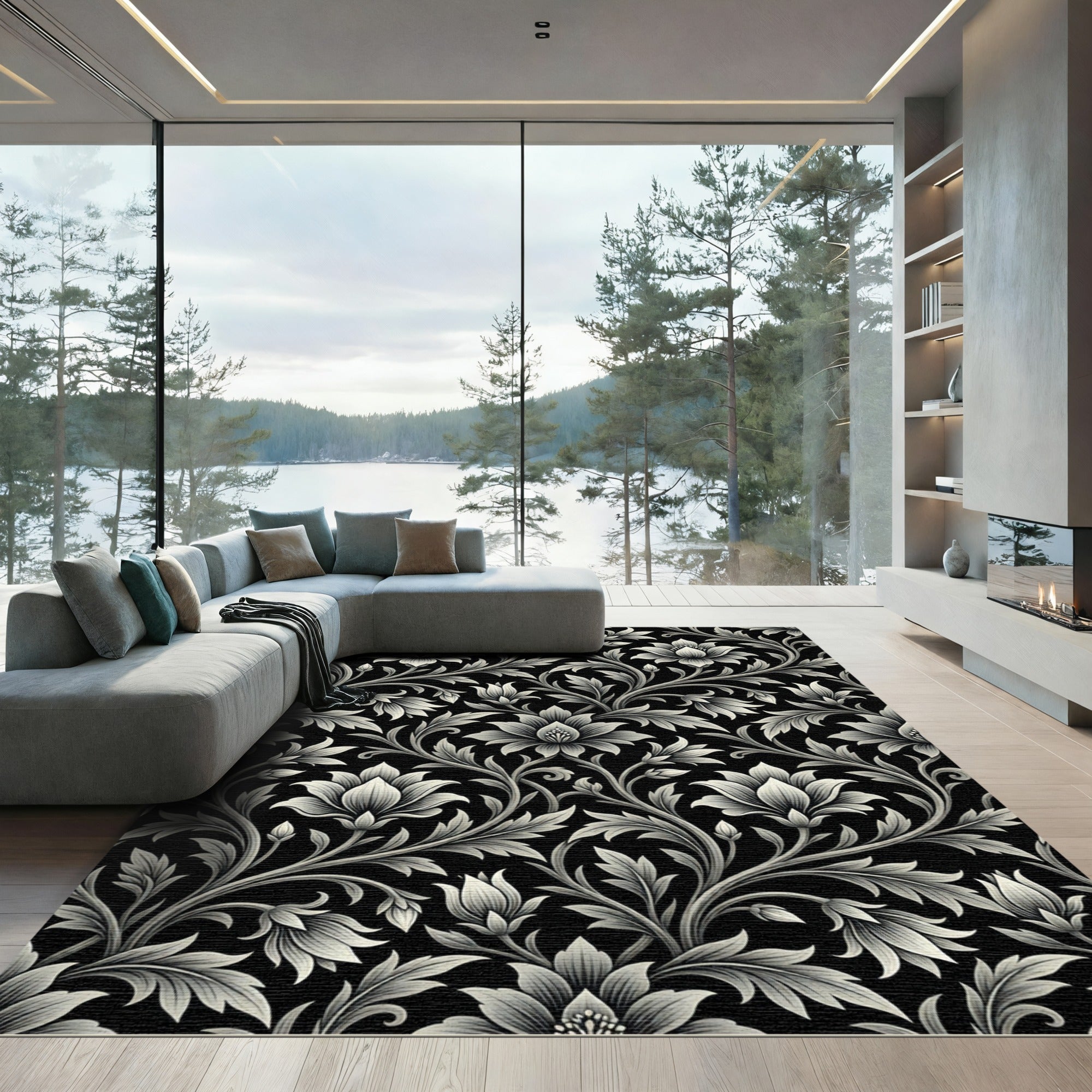 Monochromatic Black Floral Vine Rug