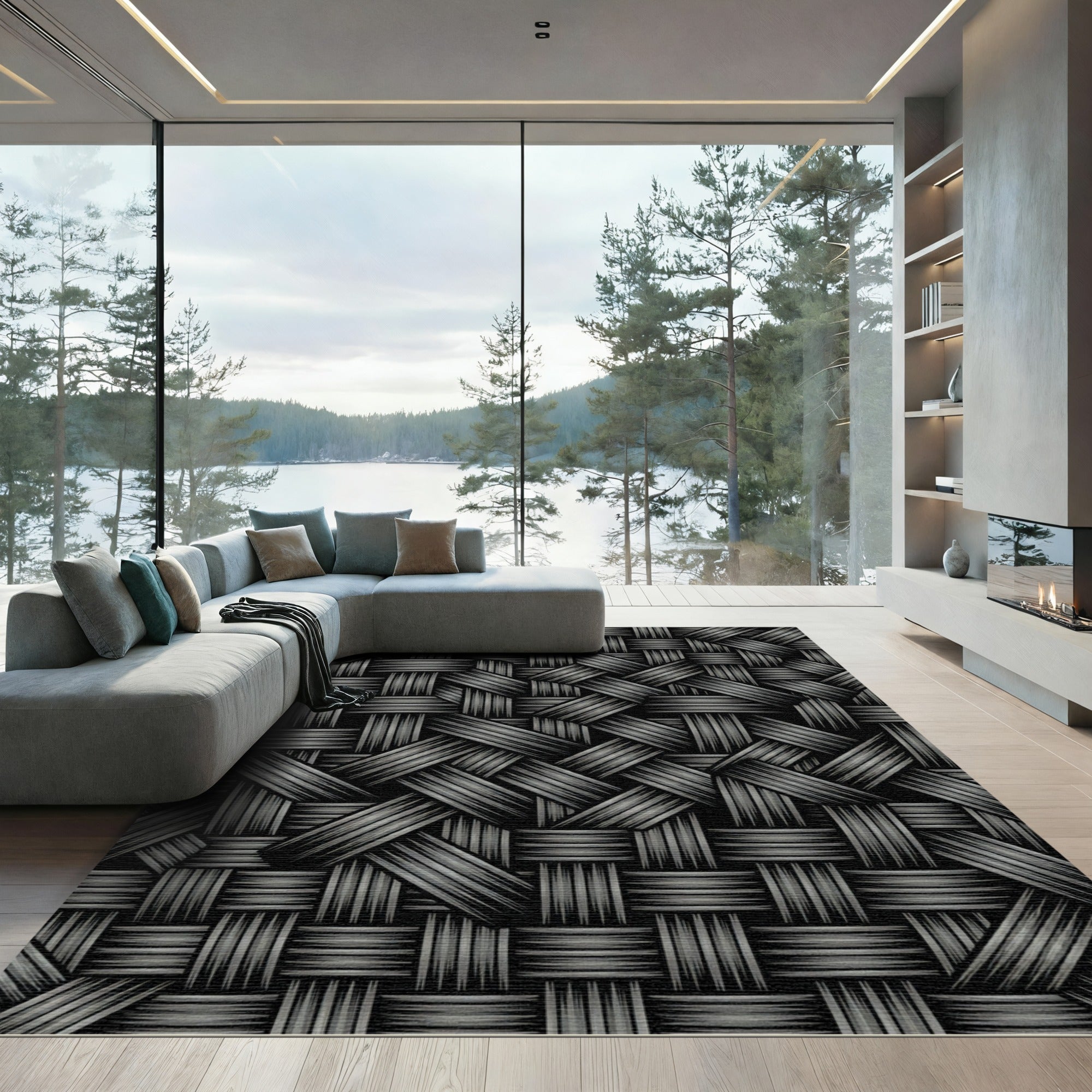 Charcoal Woven Texture Grid Rug