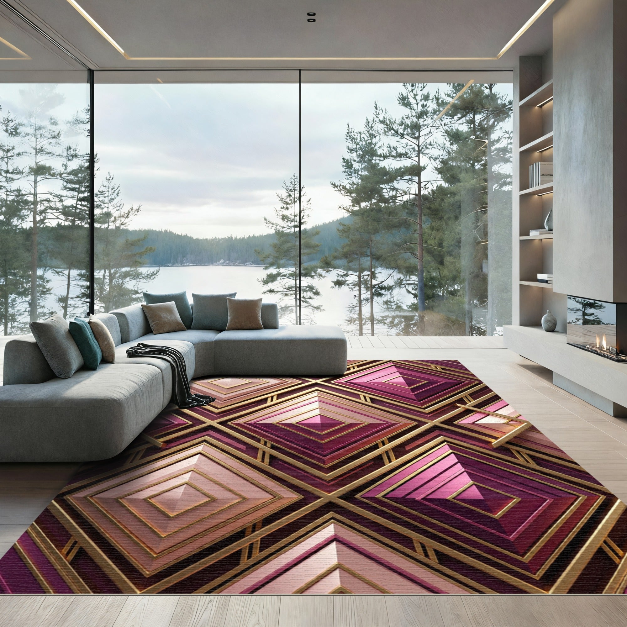 Art Deco Geometric Pink Gold Diamond Rug