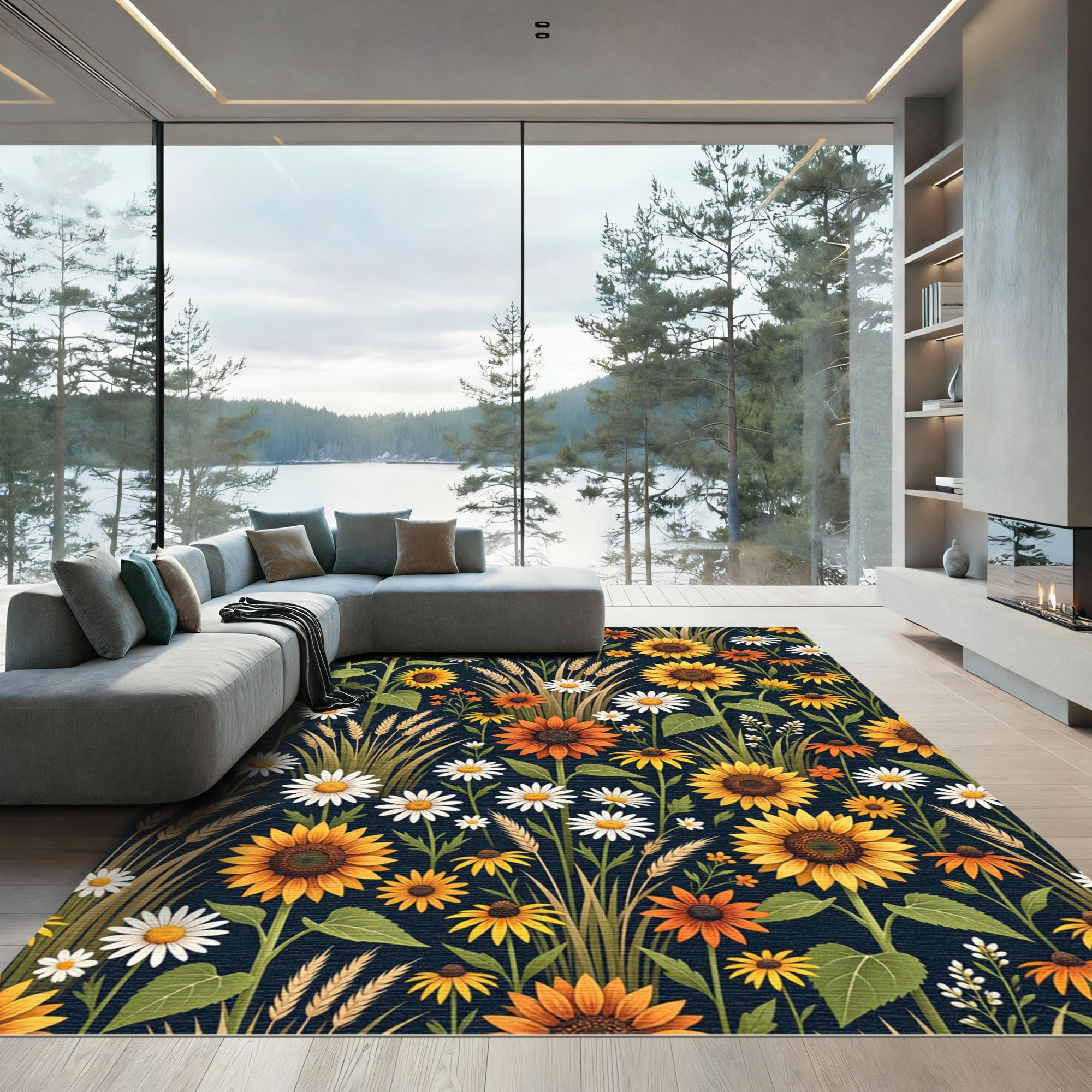 Golden Sunflower and Daisy Botanical Field Rug