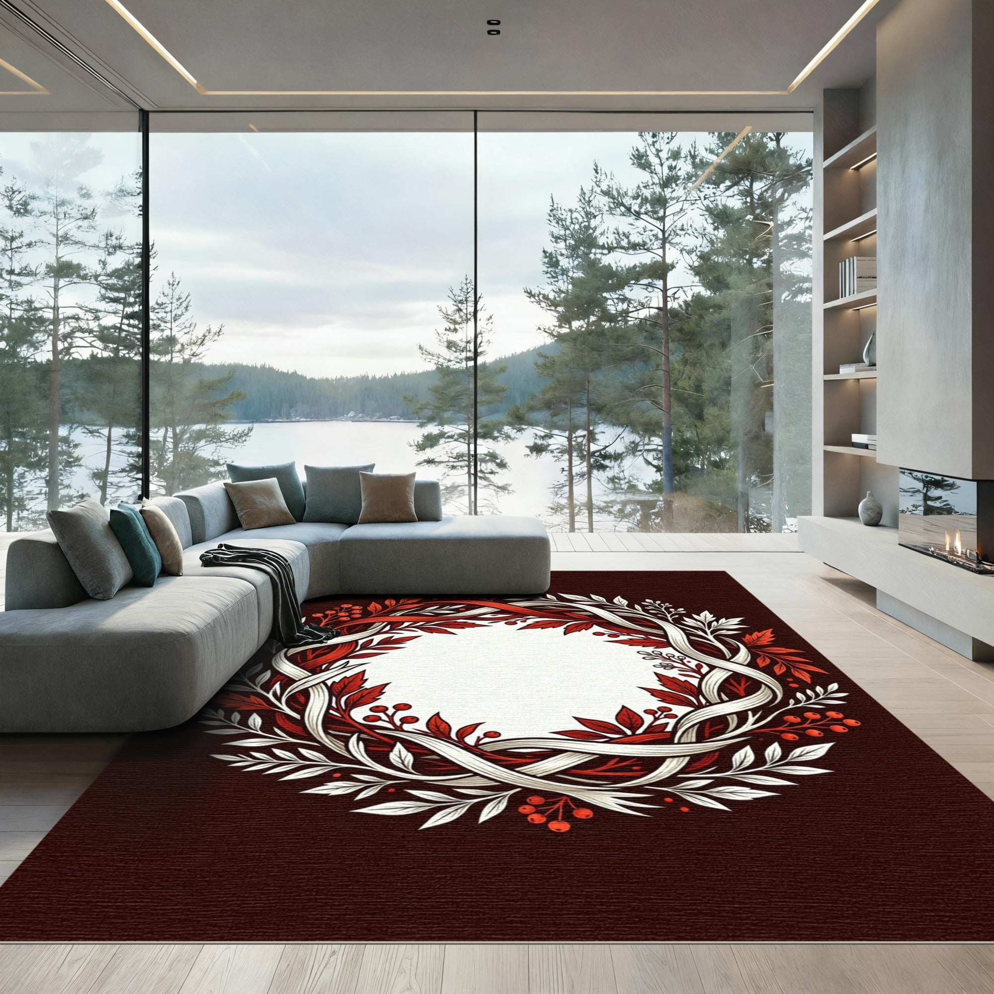 Crimson White Leaf Berry Wreath Rug