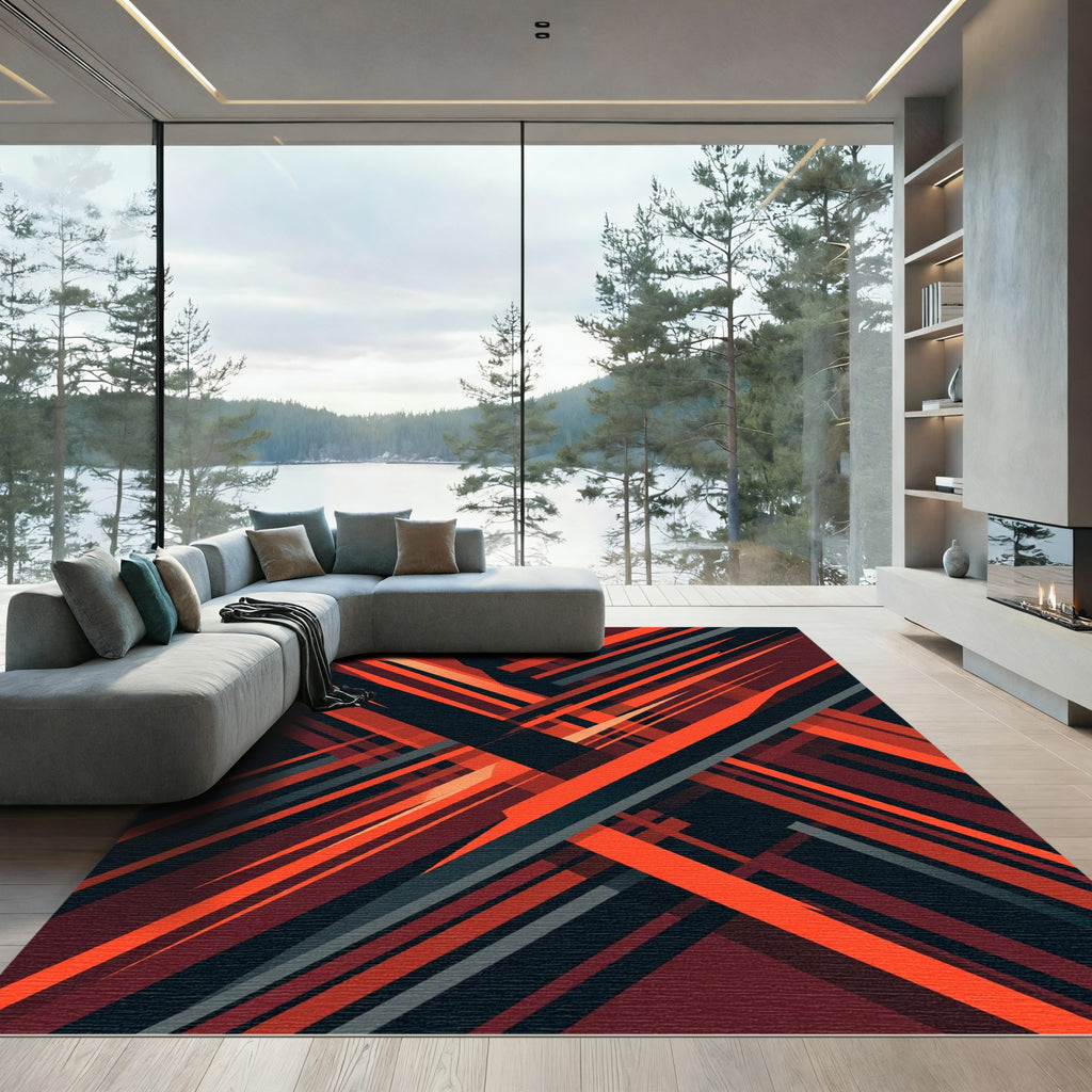 Modern Abstract Crimson Sharp Angular Linear Rug