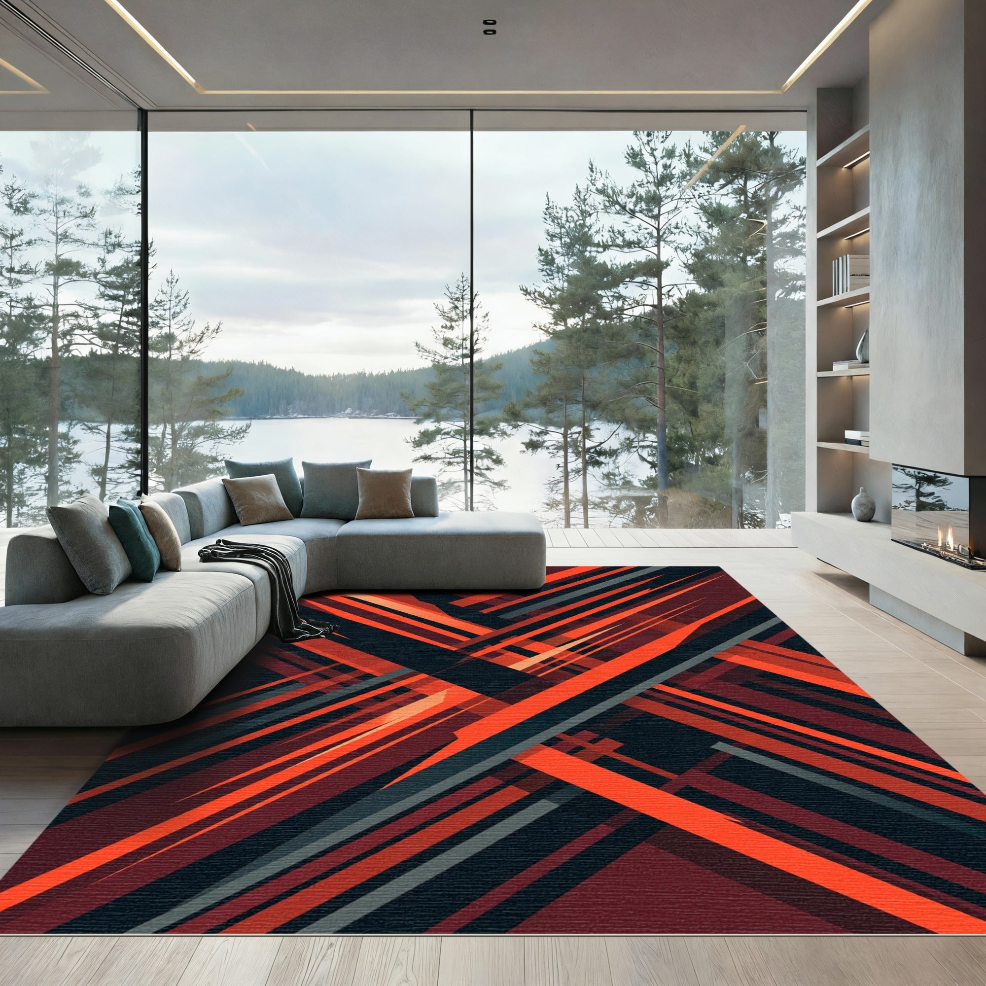 Modern Abstract Crimson Sharp Angular Linear Rug
