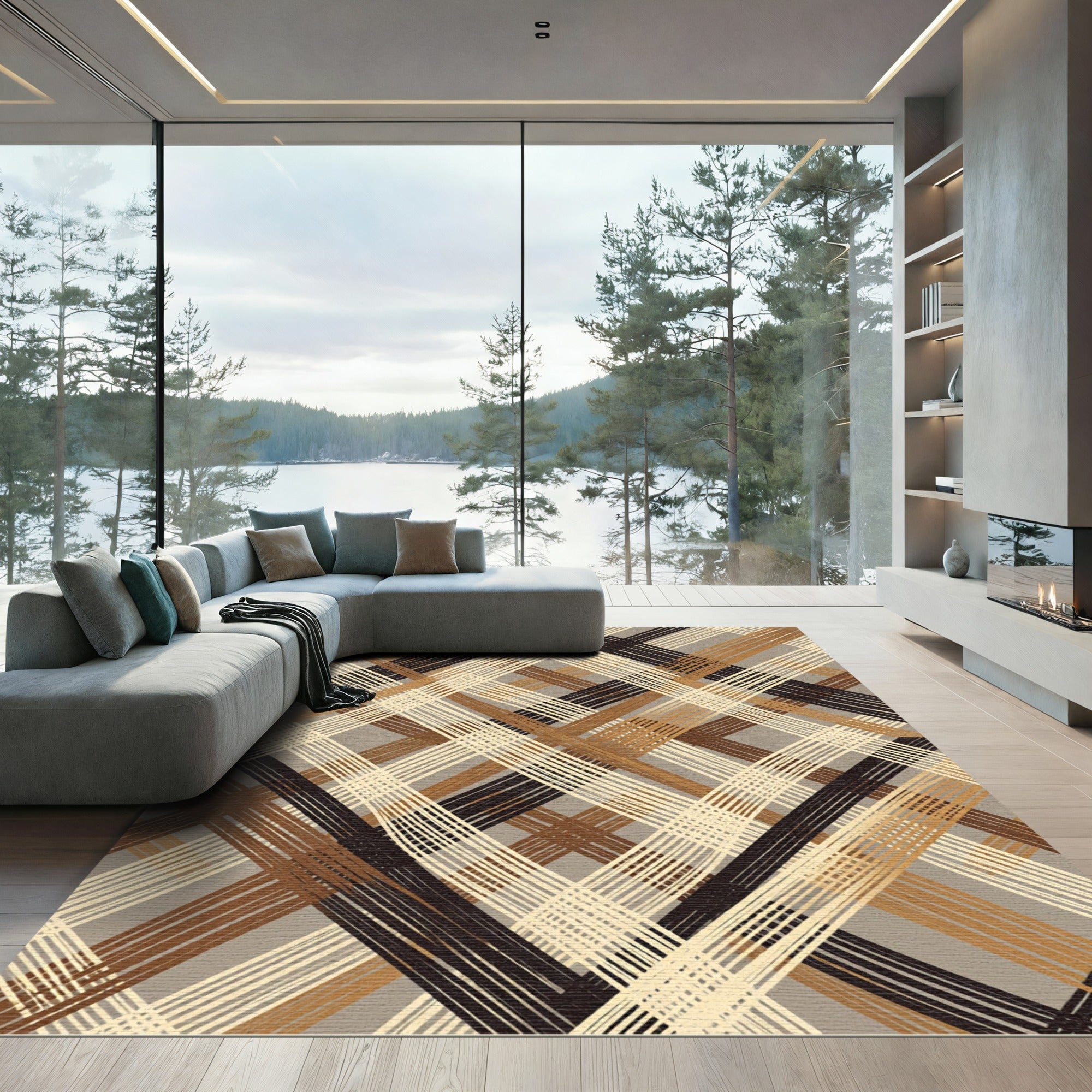 Earthy Brown Diagonal Plaid Weave Rug