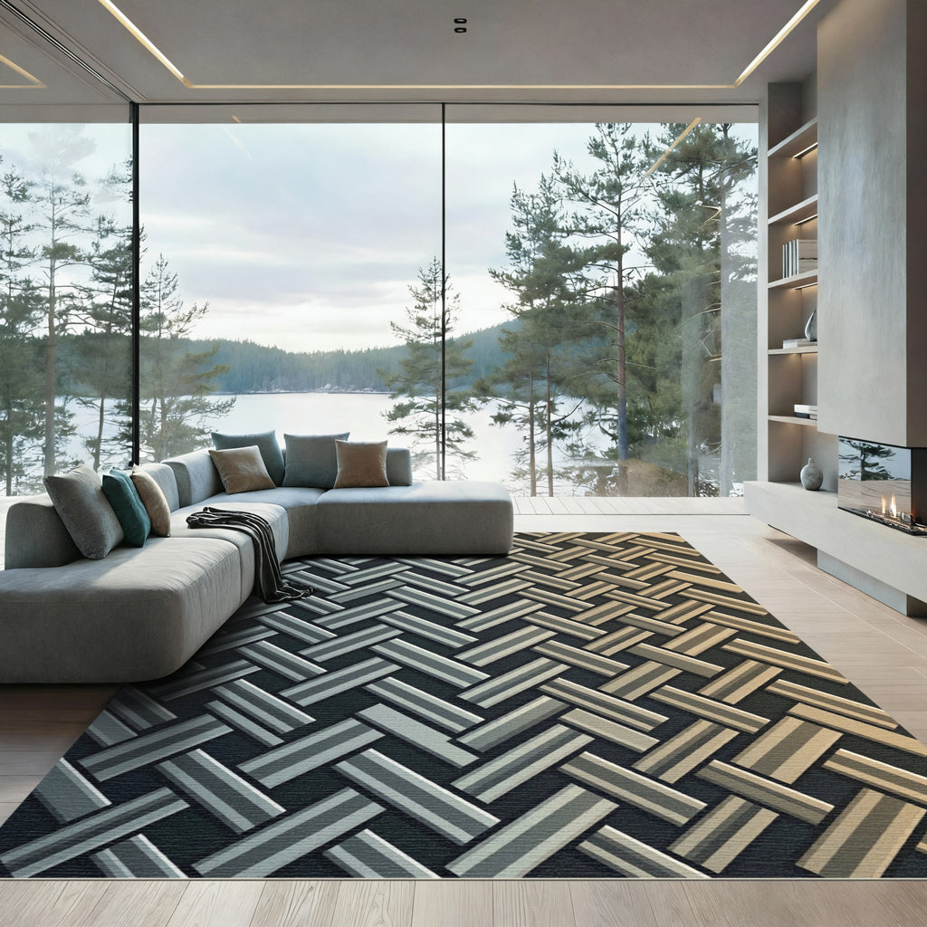 Gray Beige Woven Herringbone Rug
