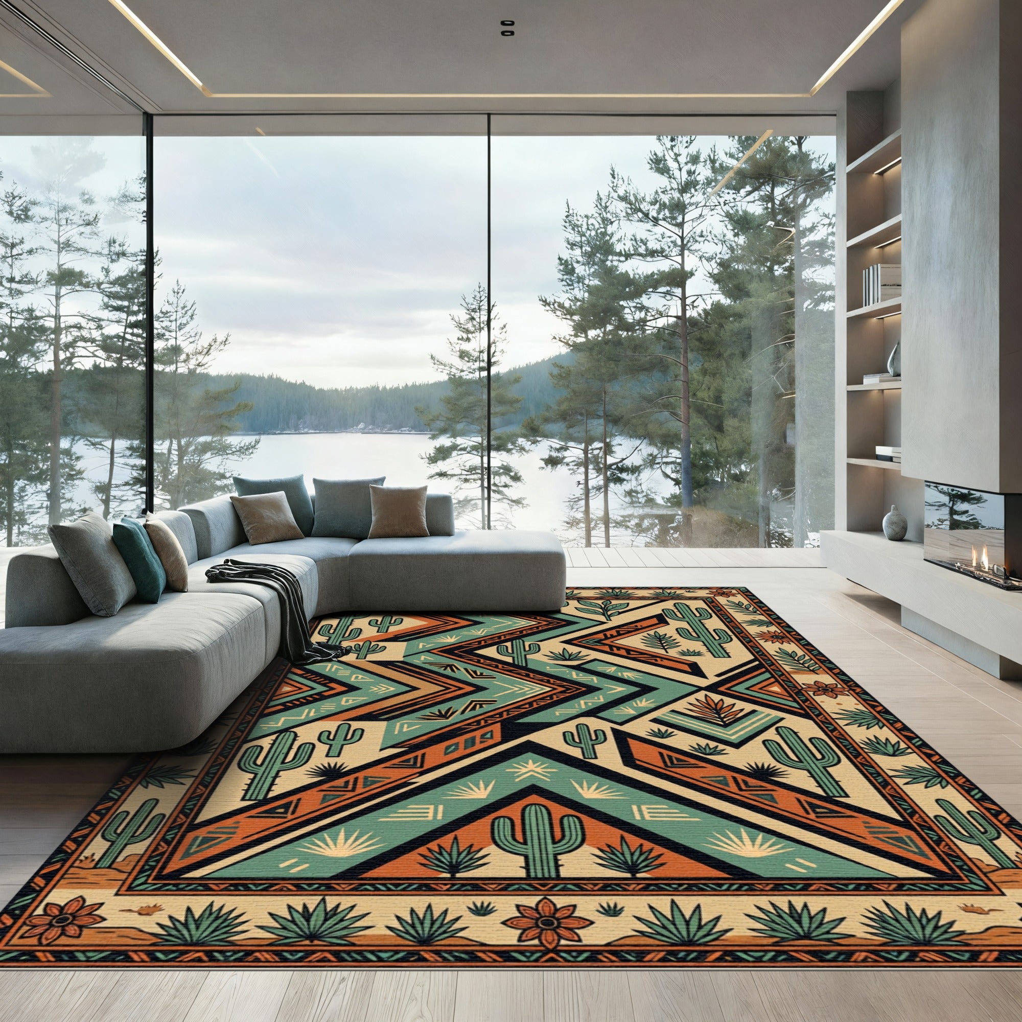 Southwestern Desert Cactus Geometric Area Rug