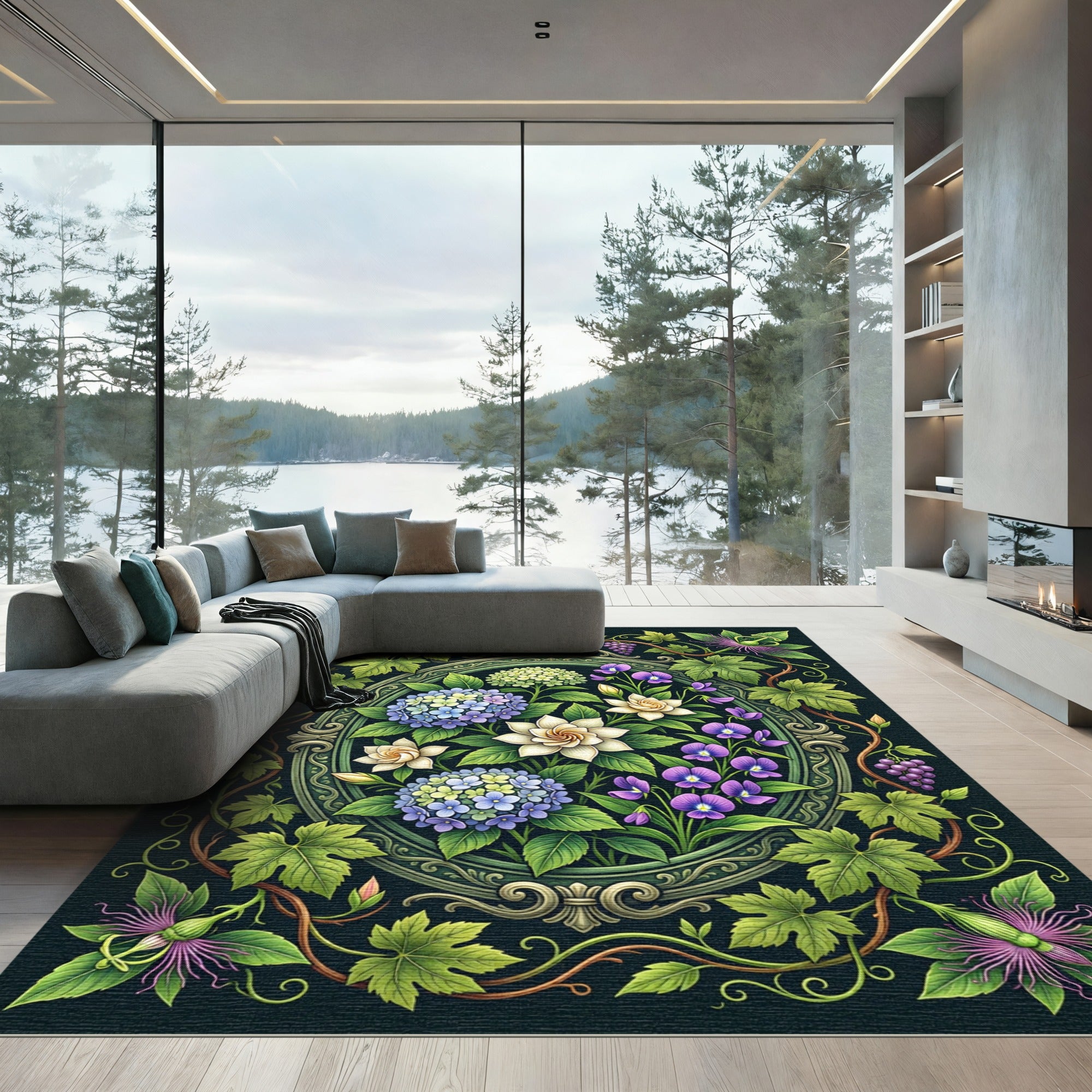 Vintage Botanical Hydrangea Vine Oval Focal Rug