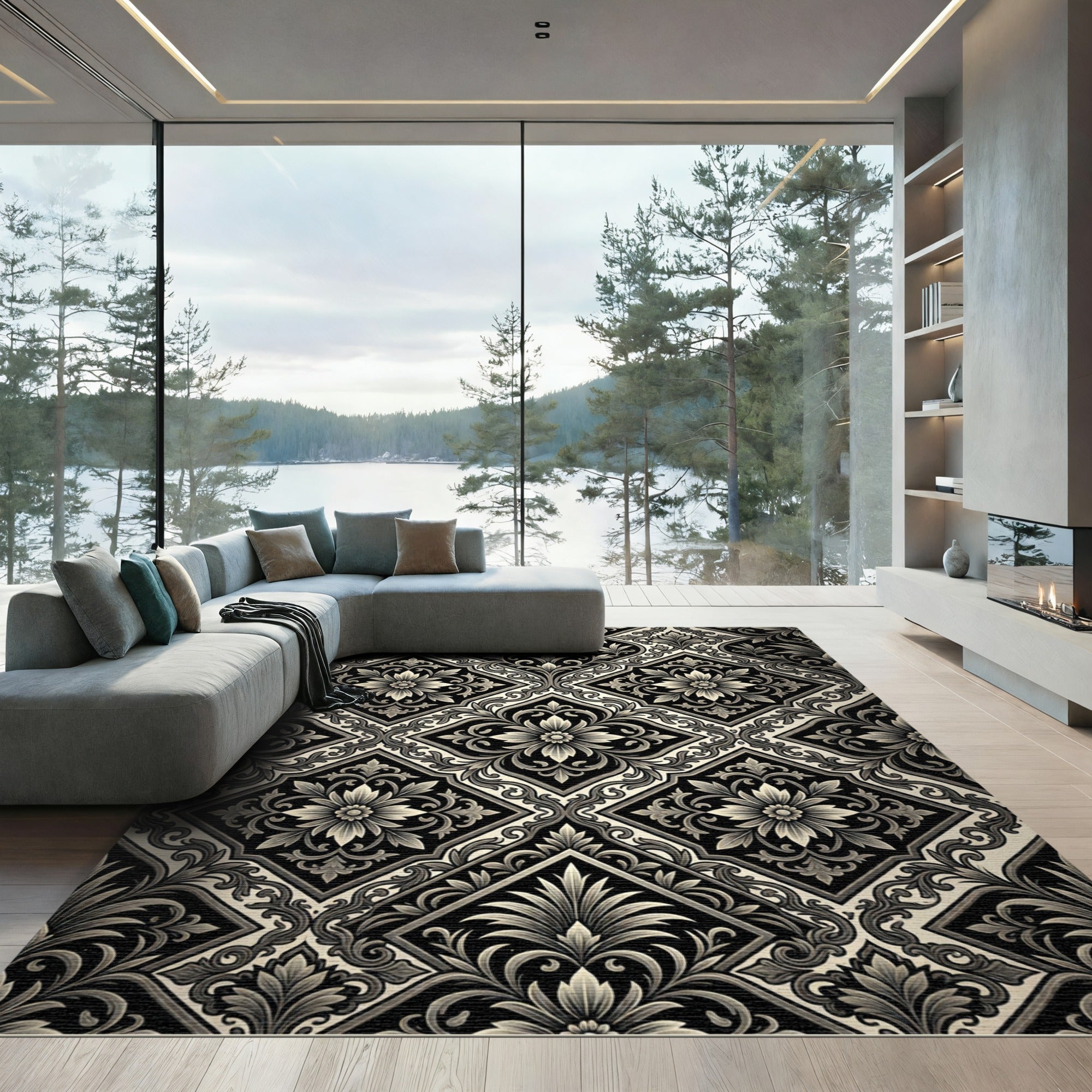 Antique Black and Cream Damask Rug