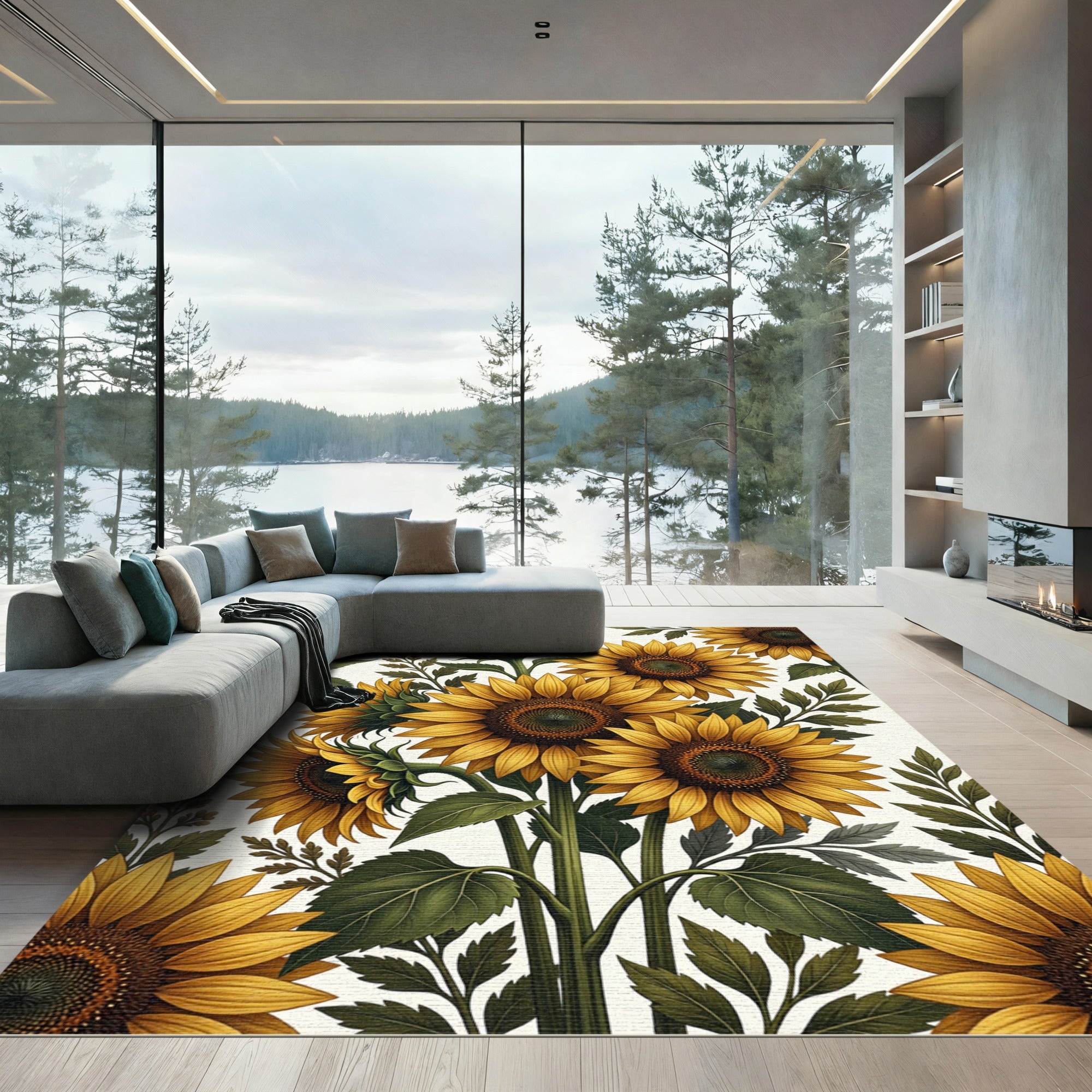 Lush Golden Sunflower Botanical Arrangement Rug