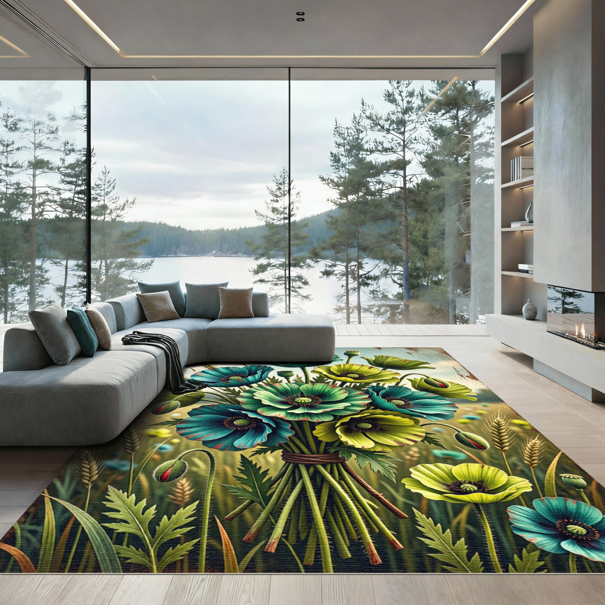 Teal and Lime Poppies Floral Bouquet Rug