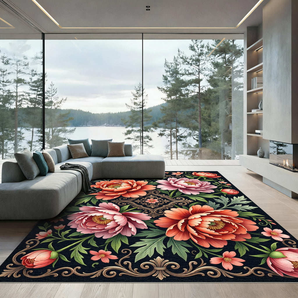 Elegant Peony Botanical Floral Arrangement Rug