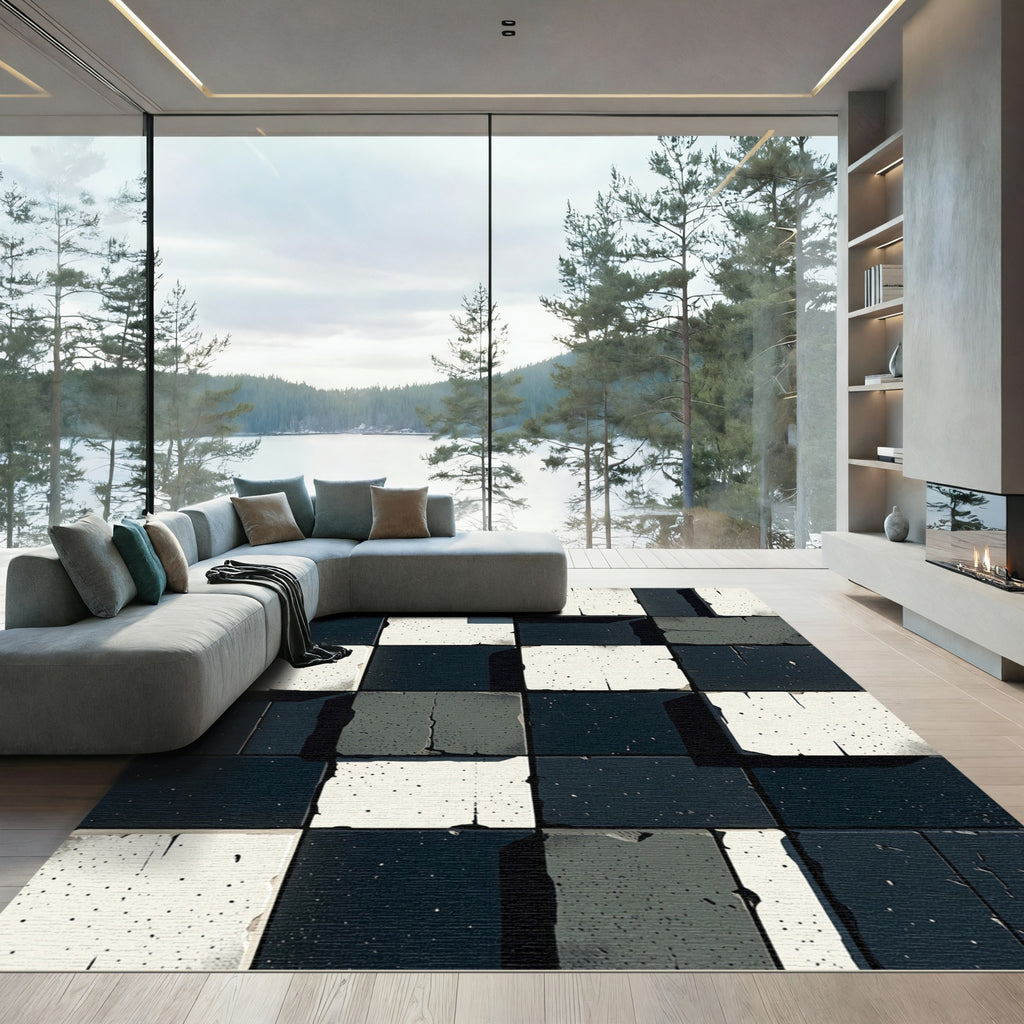 Monochrome Cracked Tile Checkered Rug
