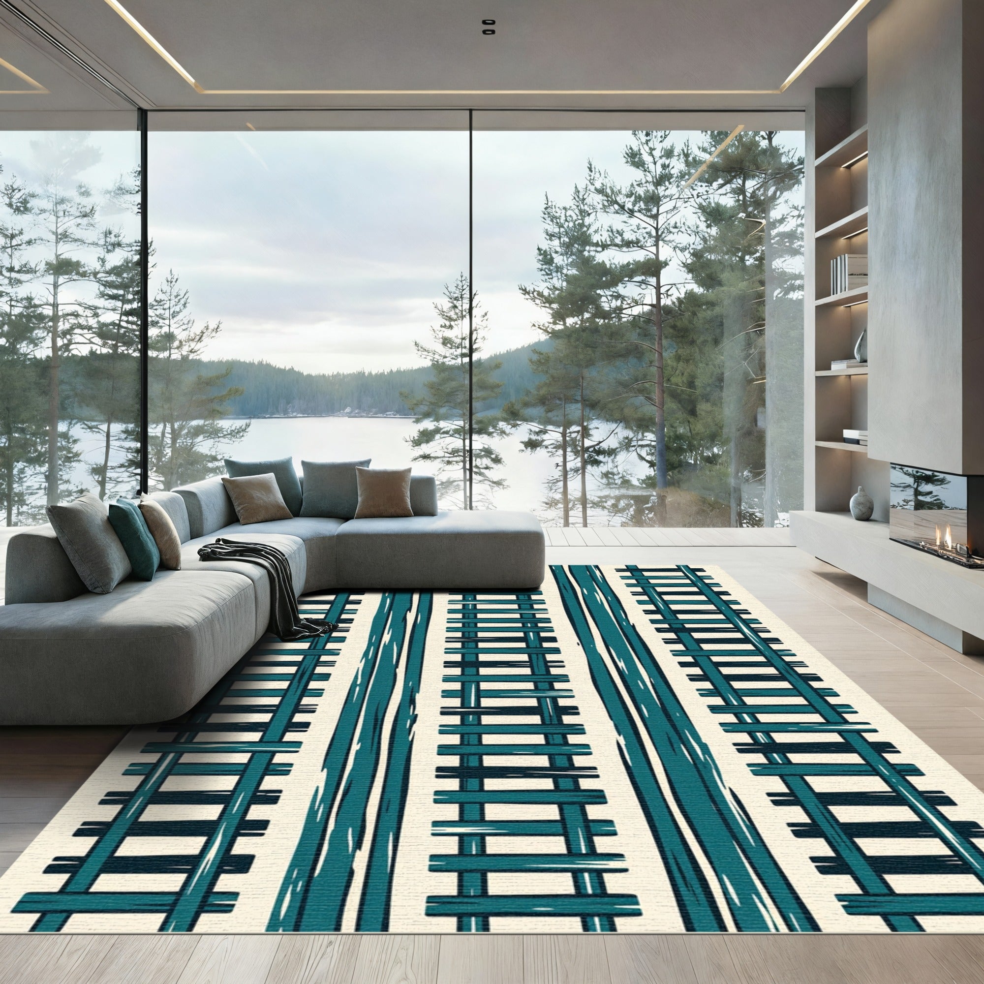 Teal Striped Ladder Geometric Abstract Rug