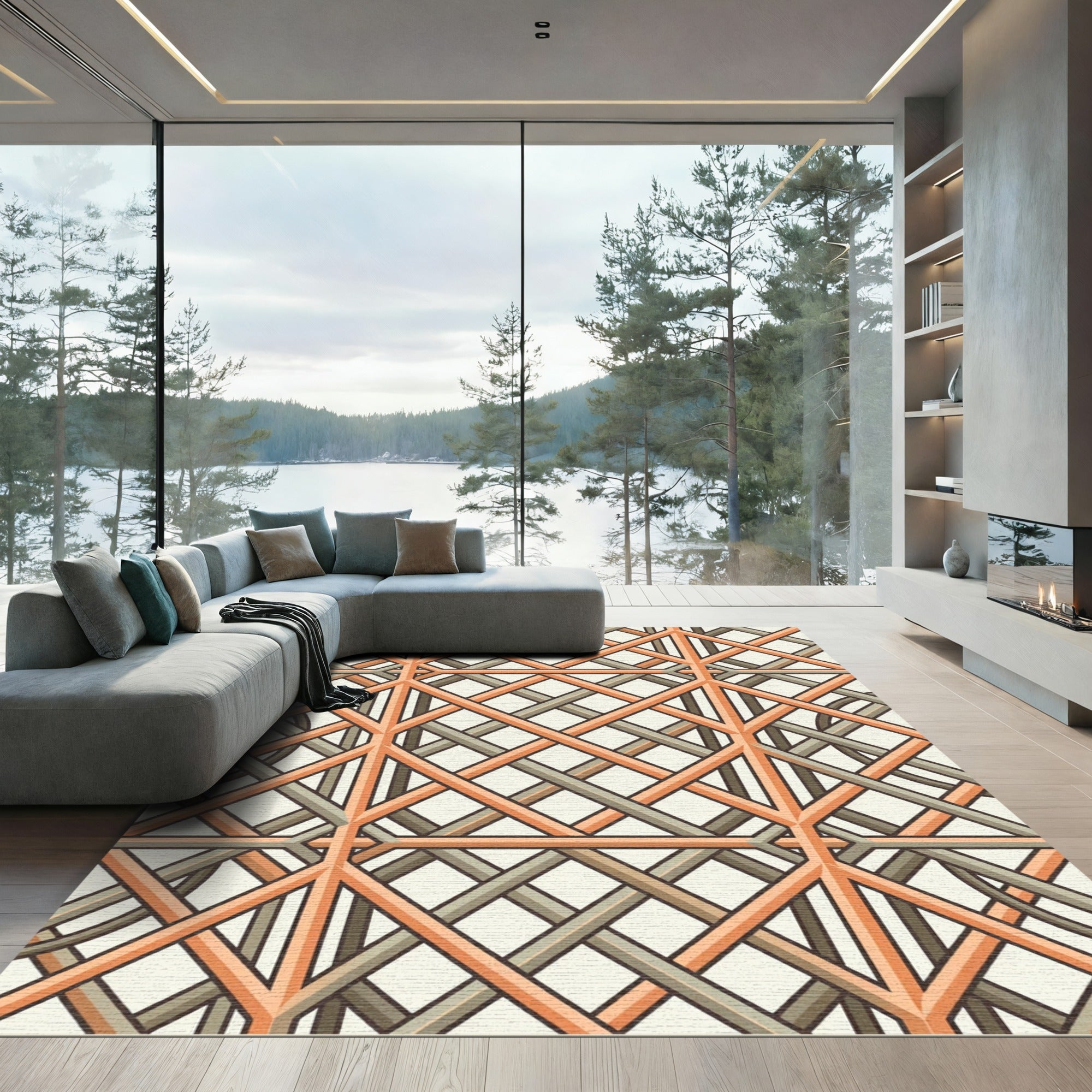 Geometric Peach and Slate Lattice Rug